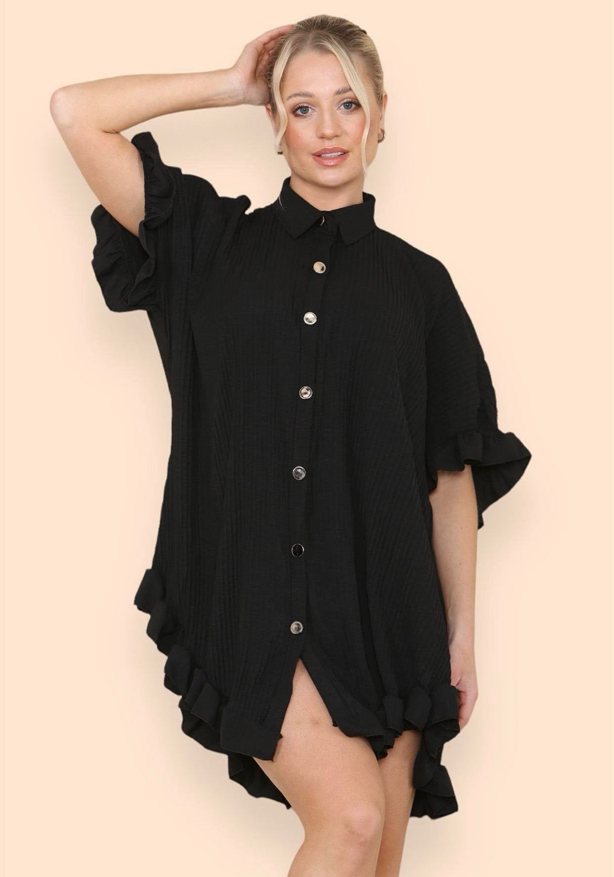 Women's Shirt Dress Pleated Short Sleeve Loose Italian Buttons Plain Detail Summer