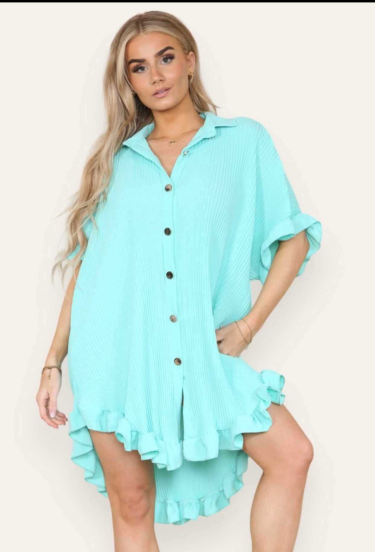 Women's Shirt Dress Pleated Short Sleeve Loose Italian Buttons Plain Detail Summer