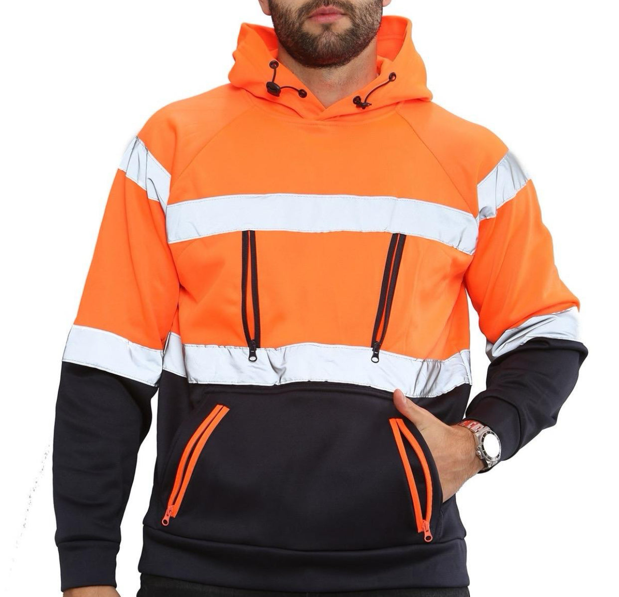 Hi Viz Vis High Visibility Hoodie Jacket Work 4 Zip Hooded SweatShirt Fleece Top Menswear