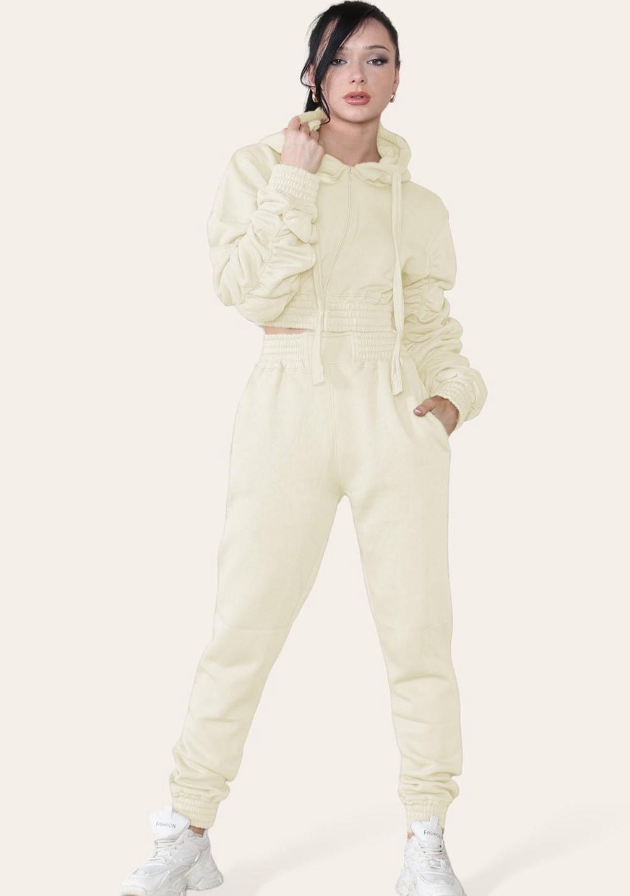 Ruched Sleeves Cropped Hoodie and Cropped Jogger Cuffed Bottom Loungewear Tracksuit Set