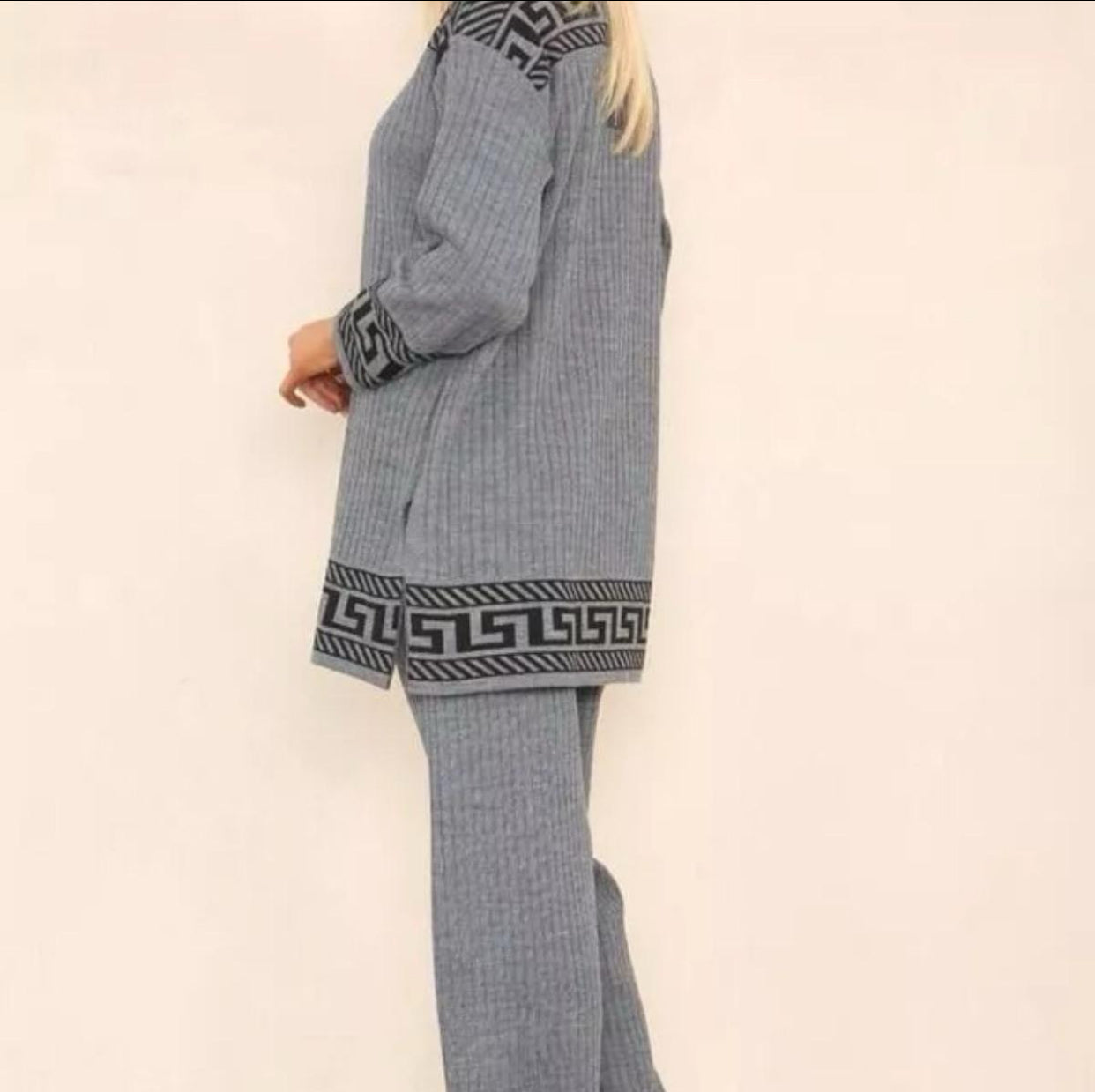 Women High Neck Ribbed knitted Geometric print 2pcs suit casual loungewear dress