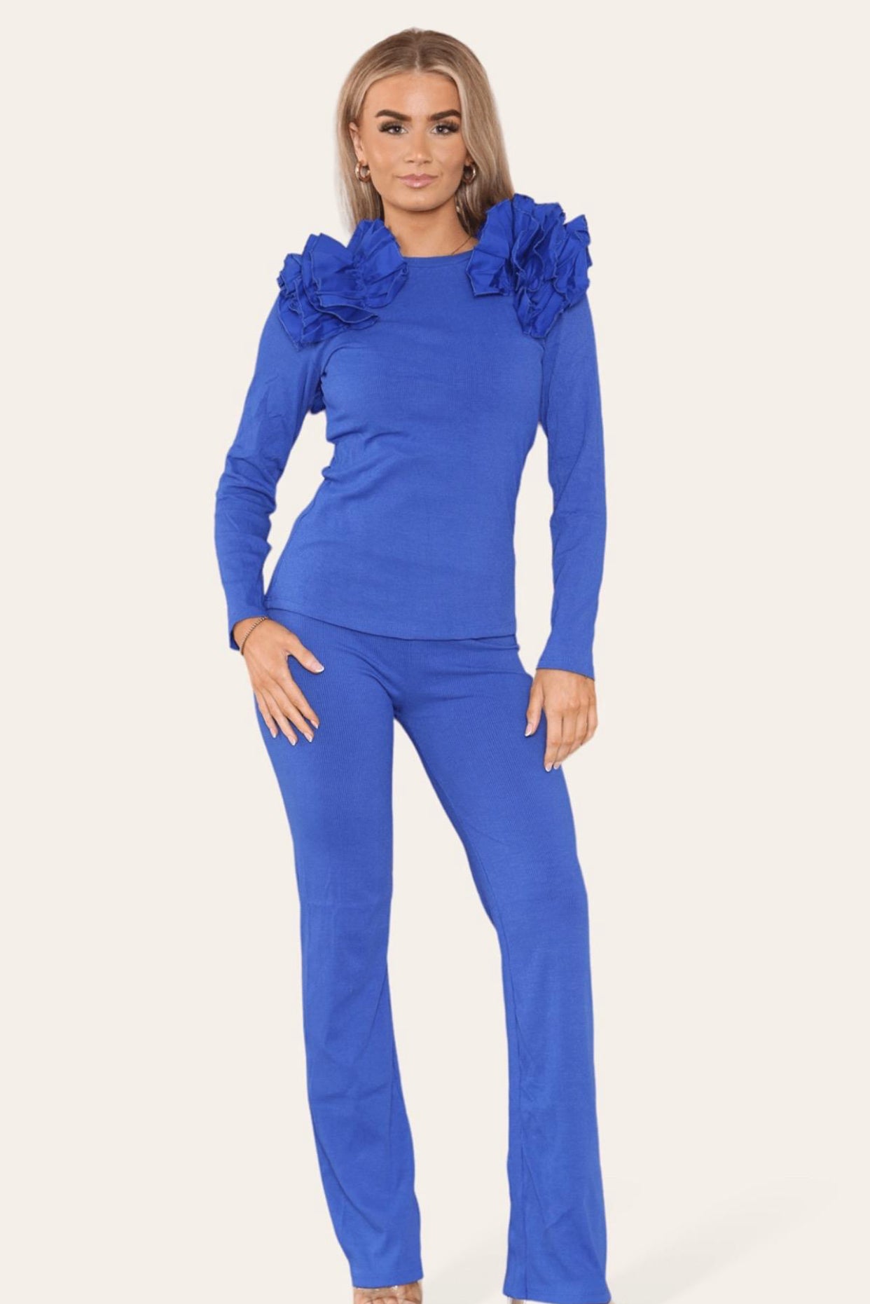 Ruffle Frill Shoulder Ribbed Loungewear Co-Ord Top & Trouser Set Womenswear