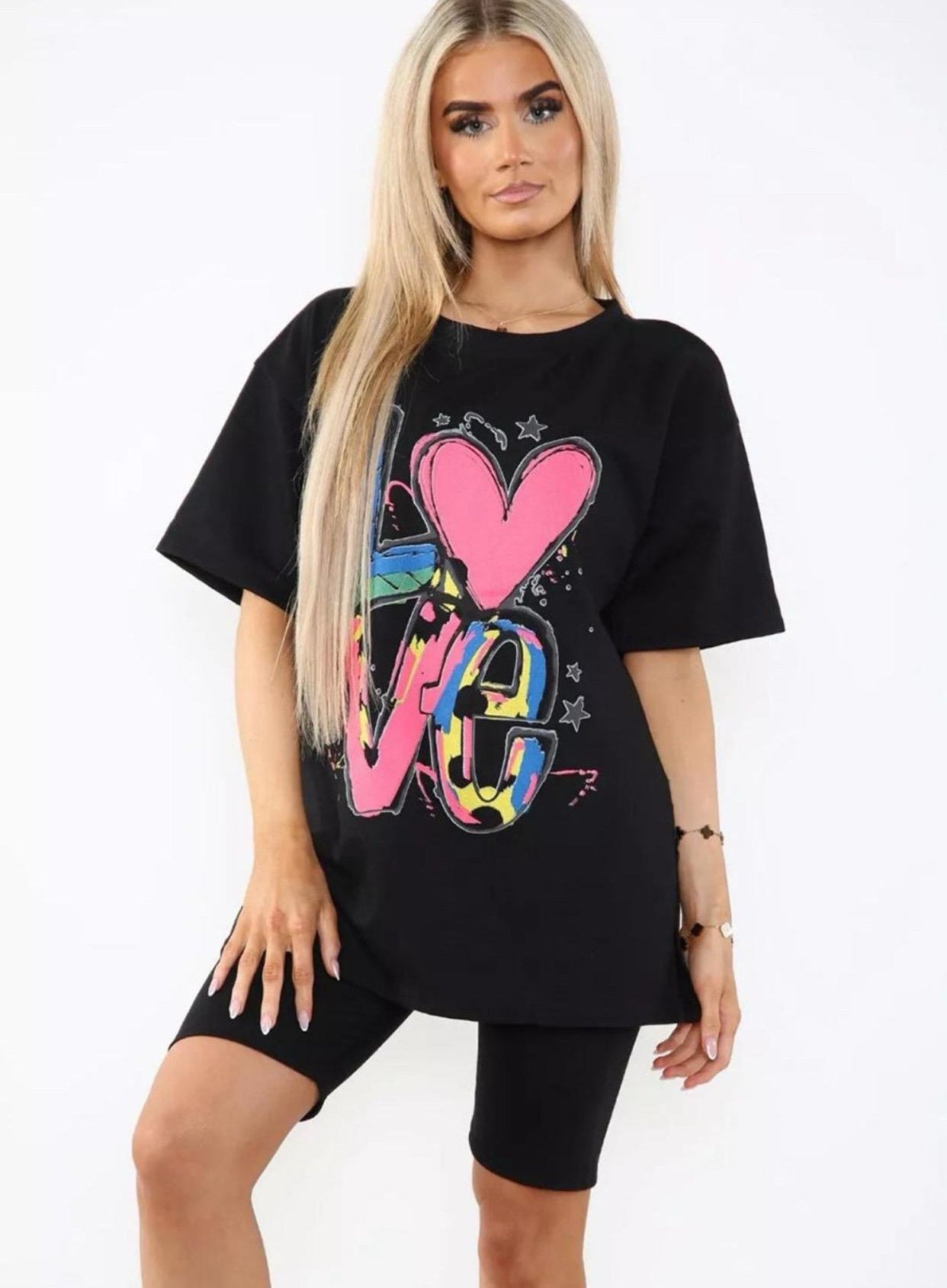 Love Side Slit Cycling Short and T-Shirts Co-Ord Two Piece Set with Front Love Slogan