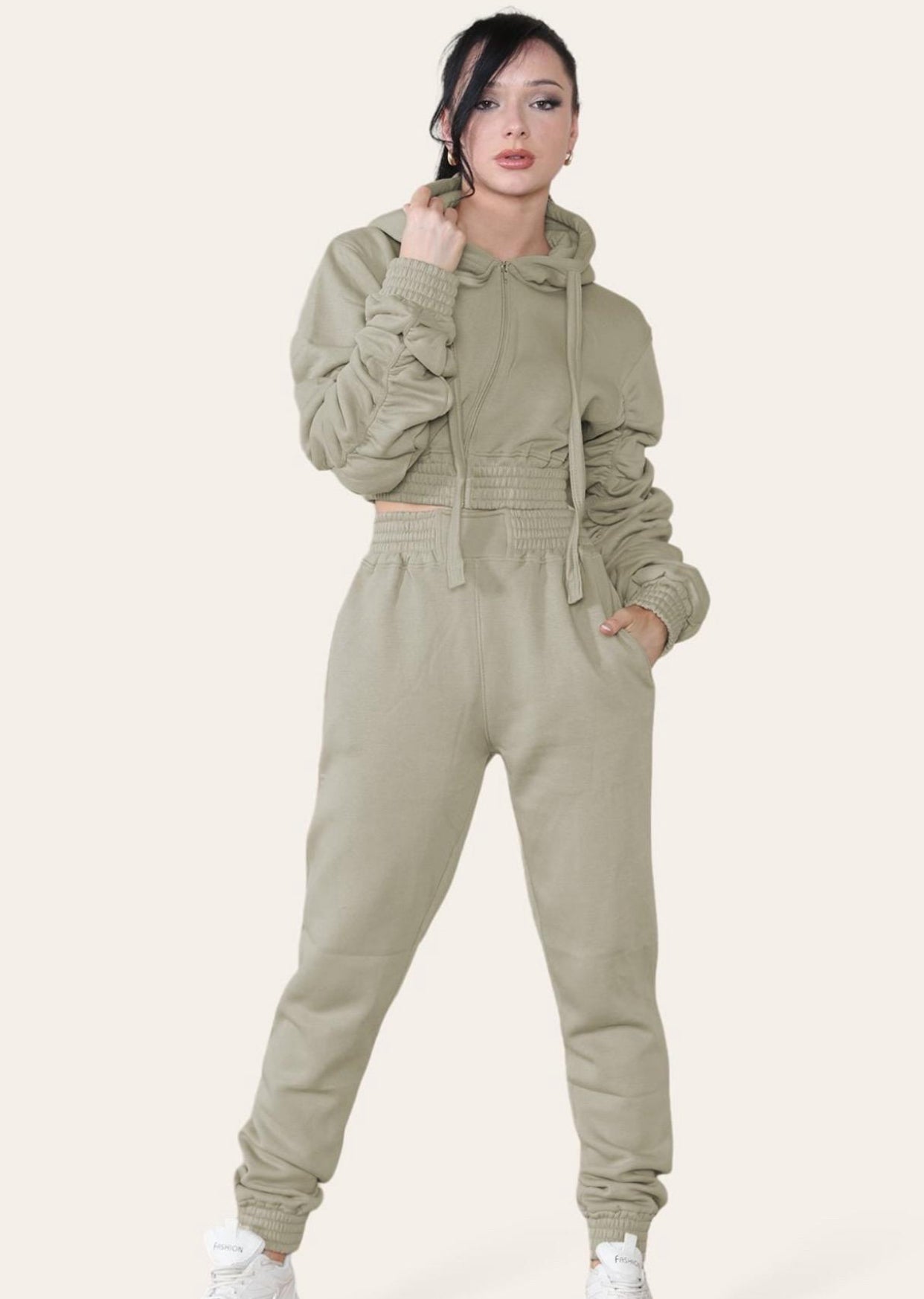 Ruched Sleeves Cropped Hoodie and Cropped Jogger Cuffed Bottom Loungewear Tracksuit Set