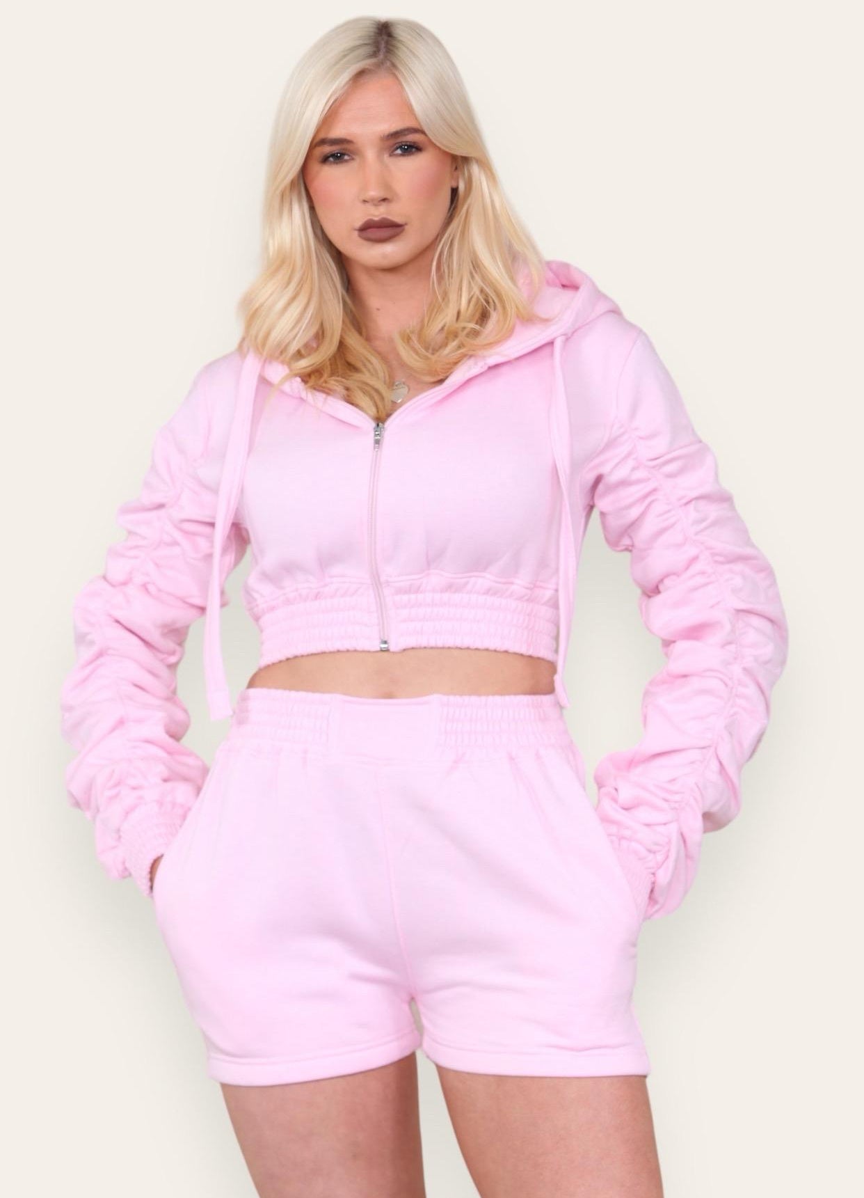 Ruched Sleeves Cropped Zip Up Front Elasticated Hem Hooded & Shorts Fleece Co-Ord Set Womenswear