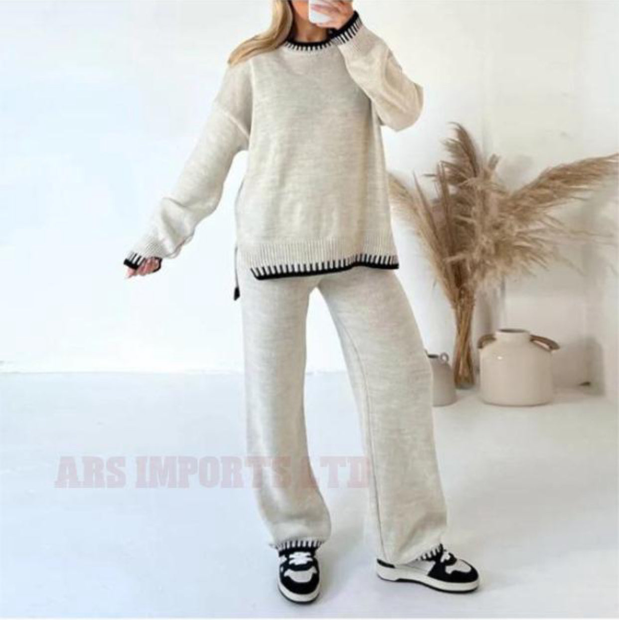 Womens Knitted Lounge Wear Ladies Wide Leg Palazzo Top Trousers Tracksuit Set Womenswear Comfortable Essential Long Sleeve Crew Neck