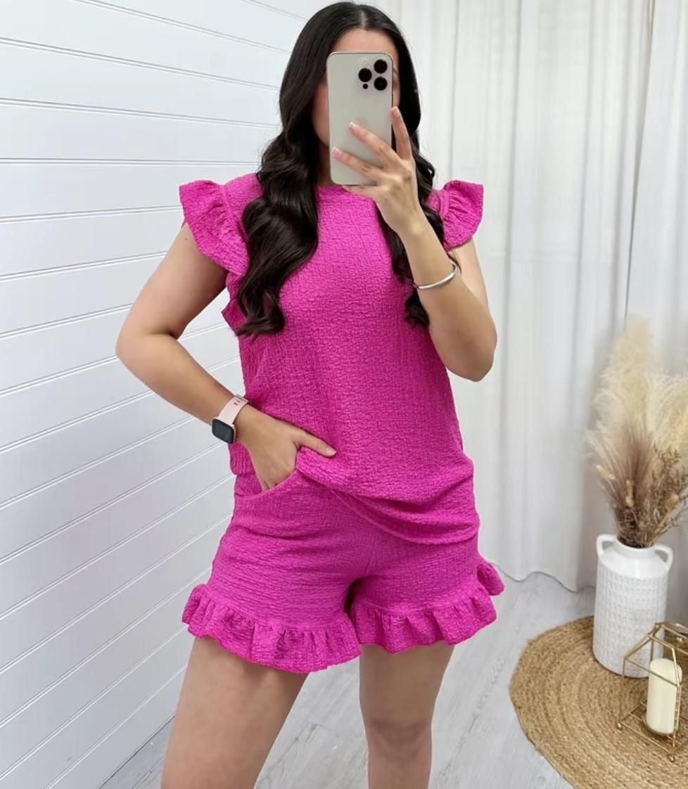 Women's Super Soft Pop Corn Materi Frill Sleeve Short 2PCS Co Ord Loungewear Sets Womenswear