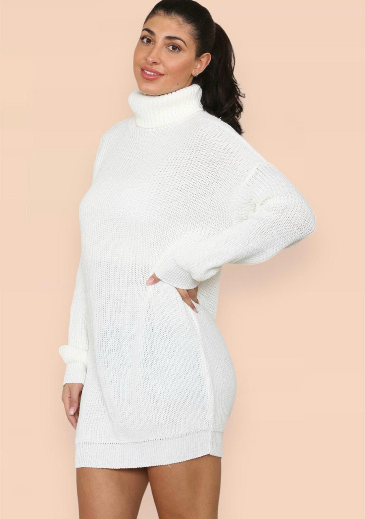 Womens Ladies Chunky Knitted High Polo Roll Over Neck Oversize Jumper Dress Womenswear