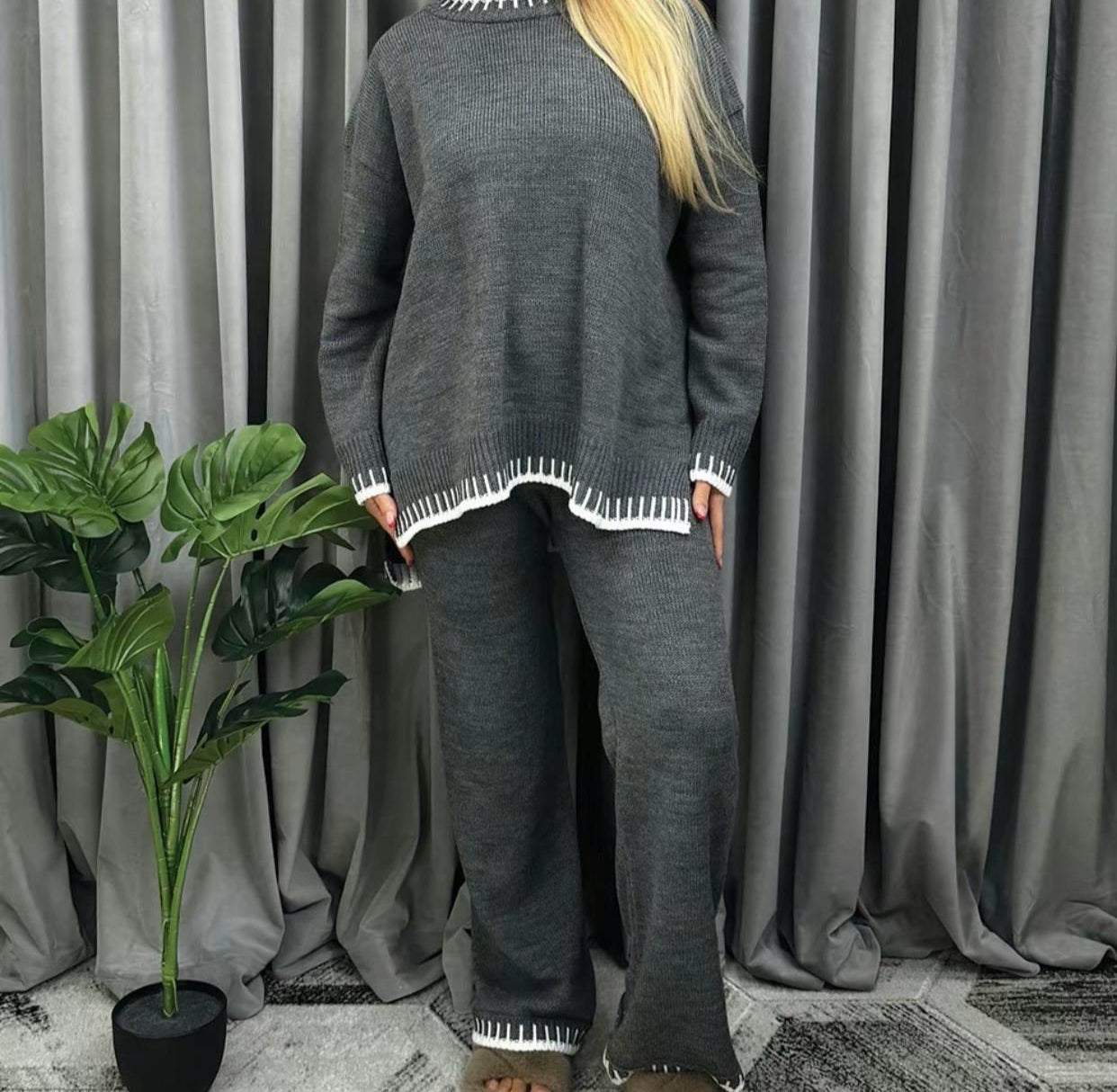 Womens Knitted Lounge Wear Ladies Wide Leg Palazzo Top Trousers Tracksuit Set Womenswear Comfortable Essential Long Sleeve Crew Neck
