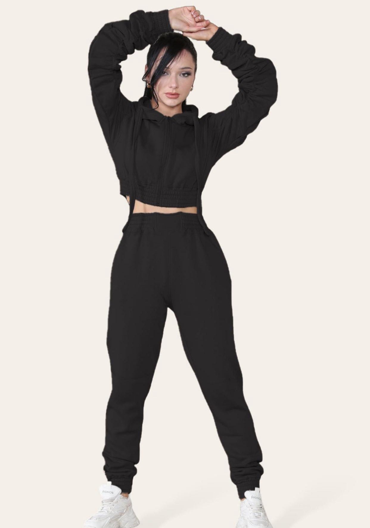 Ruched Sleeves Cropped Hoodie and Cropped Jogger Cuffed Bottom Loungewear Tracksuit Set