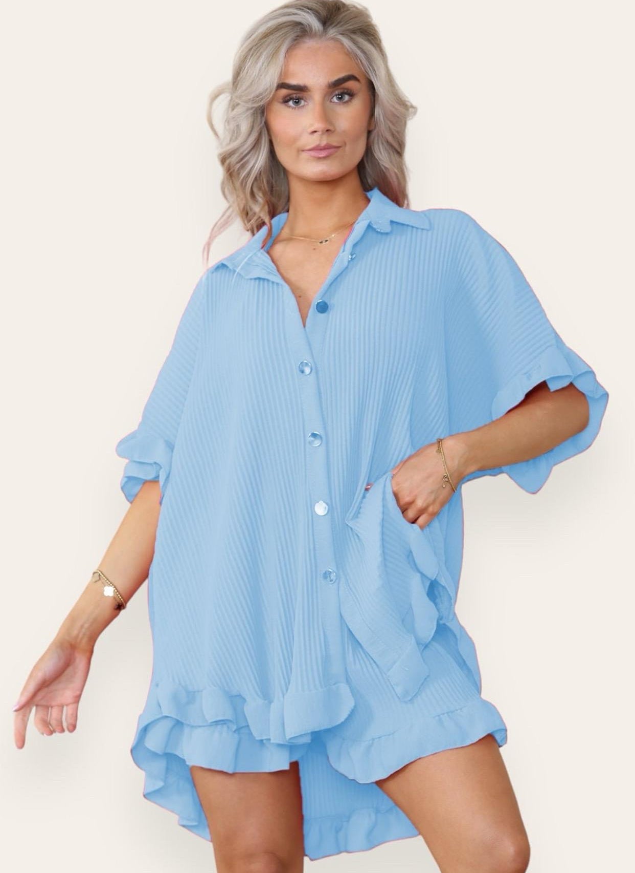 Womens Gold Button Pleated Dress Ladies Frill Collared Shirt Shorts Co ord Set Womenswear