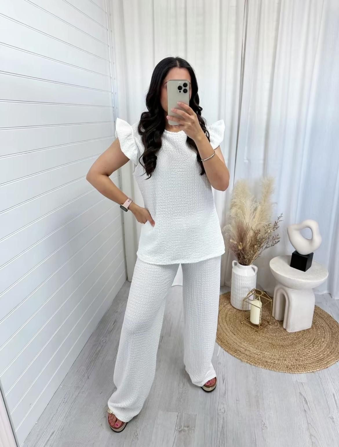 Womens Super-Soft Pop Corn Frill Short Sleeve Top and Loungewear Trouser Co Ord Set