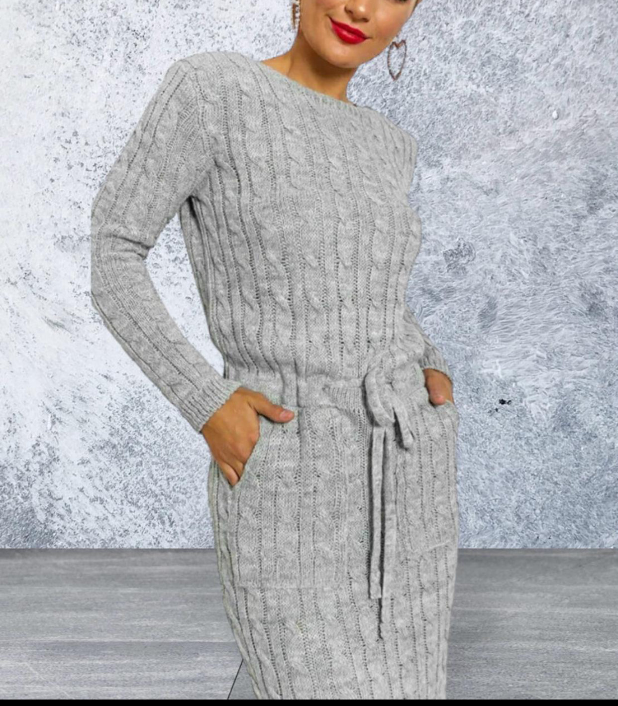 Women Ladies Cable Knitted Pocket Long Sleeve Tie Up Midi Party Jumper Dress Top Comfortable Womenswear Elegant