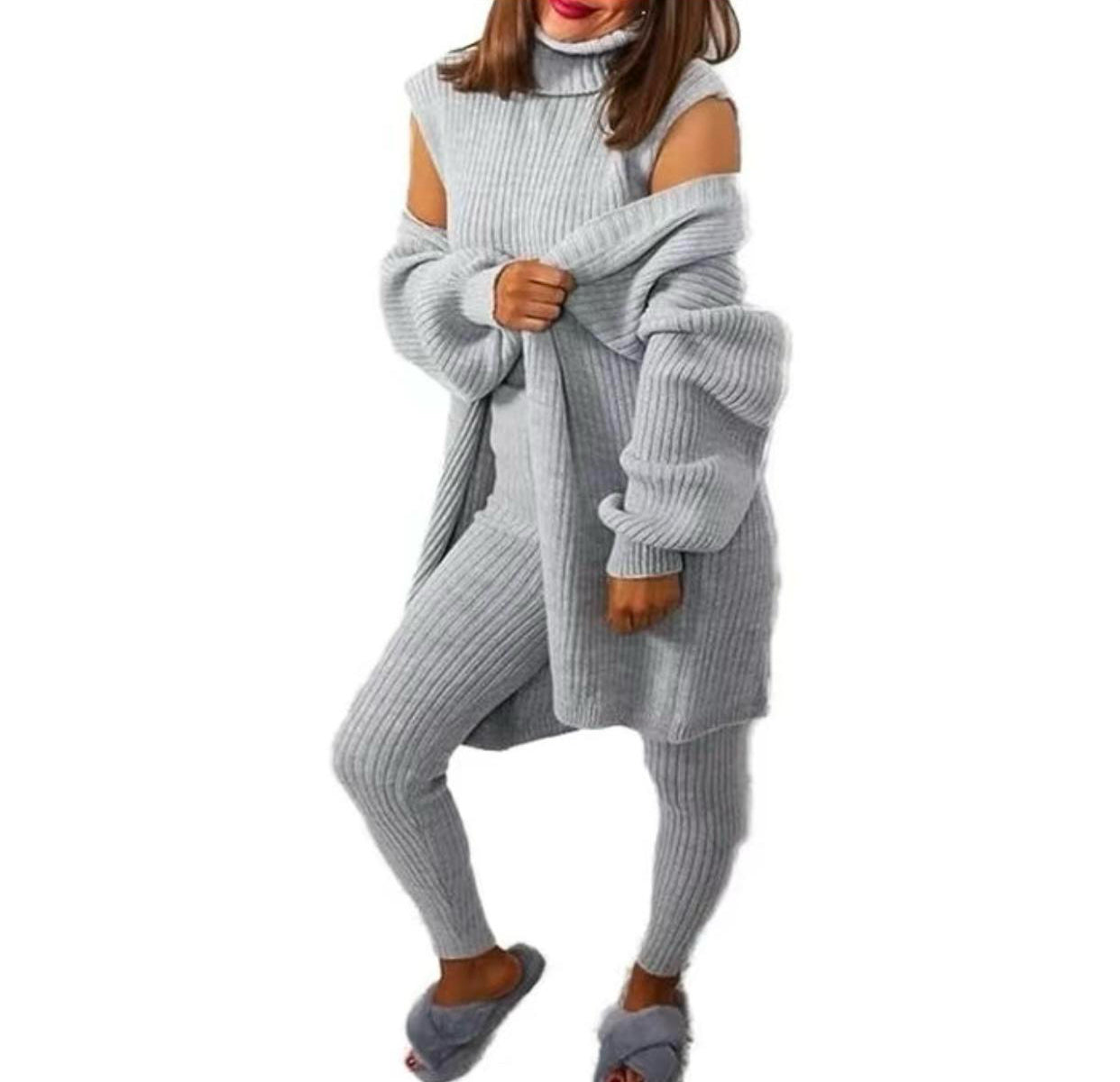 Women's Ladies Long Sleeve Knit 3 Piece Roll Neck Knitted Top Open Cardigan Set Suit Womenswear