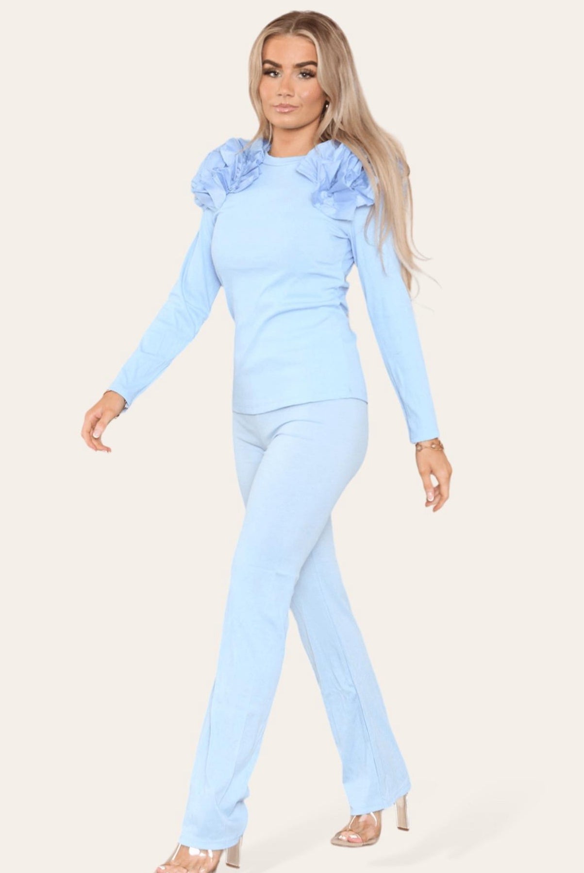 Ruffle Frill Shoulder Ribbed Loungewear Co-Ord Top & Trouser Set Womenswear
