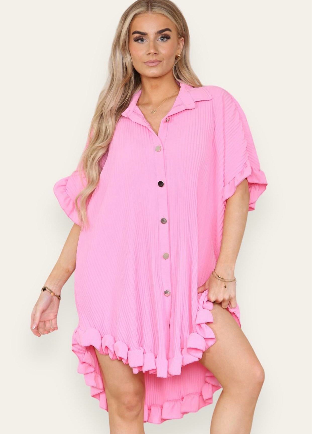 Women's Shirt Dress Pleated Short Sleeve Loose Italian Buttons Plain Detail Summer
