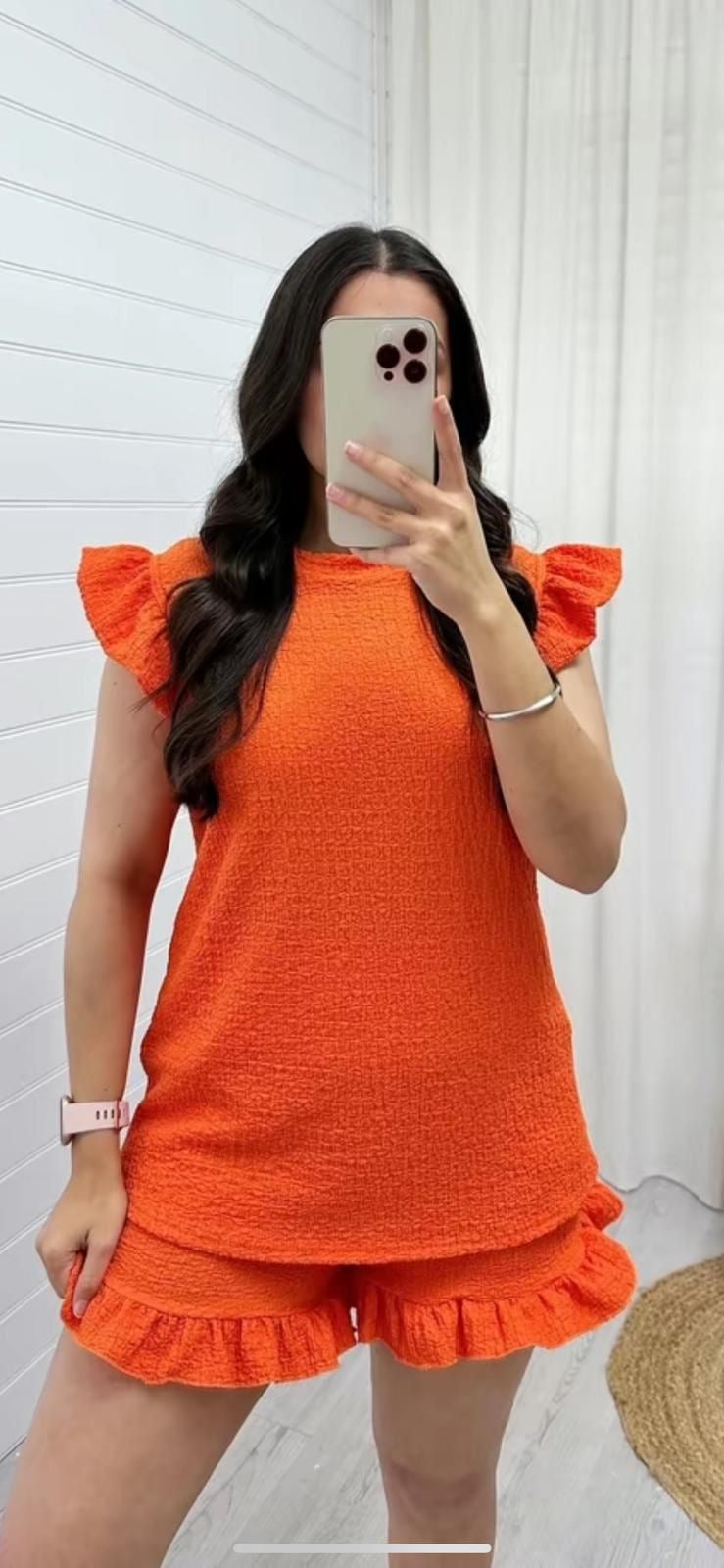 Women's Super Soft Pop Corn Materi Frill Sleeve Short 2PCS Co Ord Loungewear Sets Womenswear