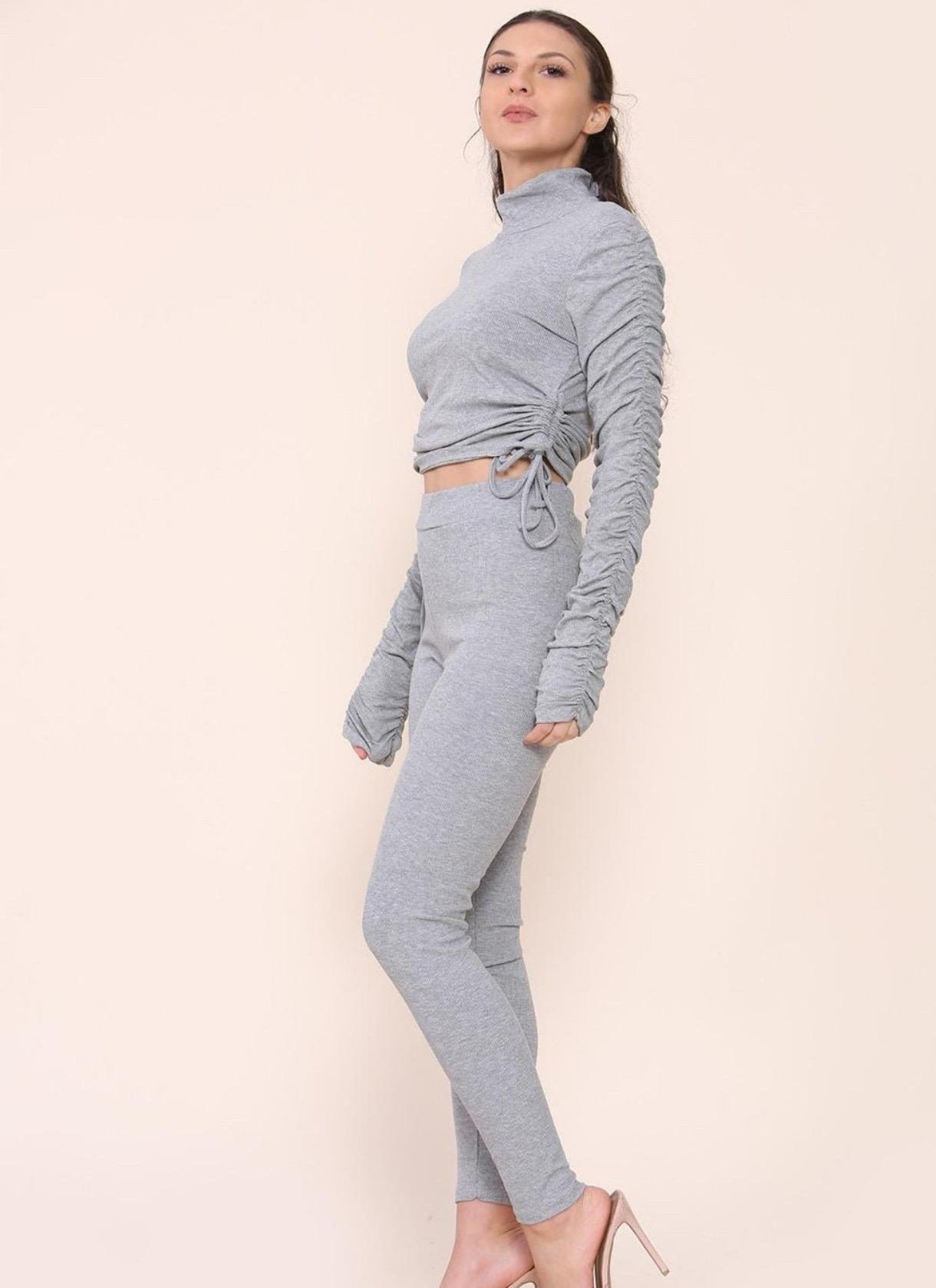 High Neck Ruched Side Arm Solid Drawstrings Ribbed Tee and Leggings set