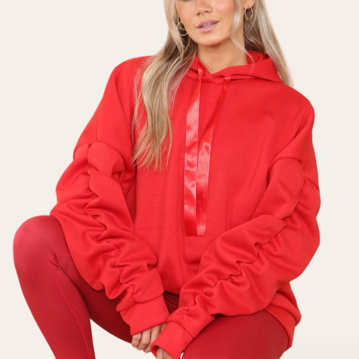 Oversized Ruched Sleeves Hoodie With Satin Ribbon with High Waist High Rise Seamless Ribbed Legging Set
