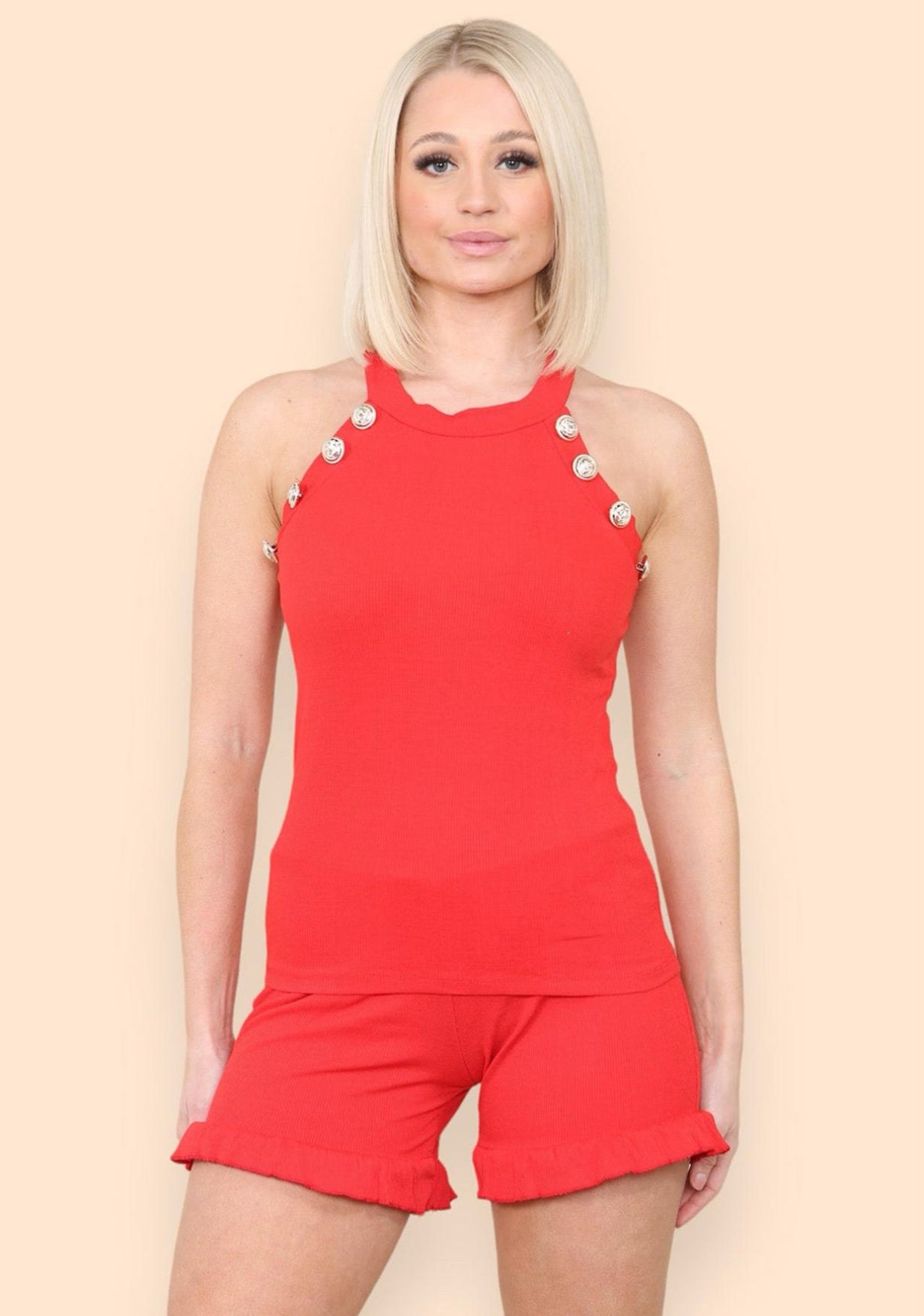 Peplum Sleeveless Suit Button Detail Frilled Shorts Co-Ord Set Womenswear