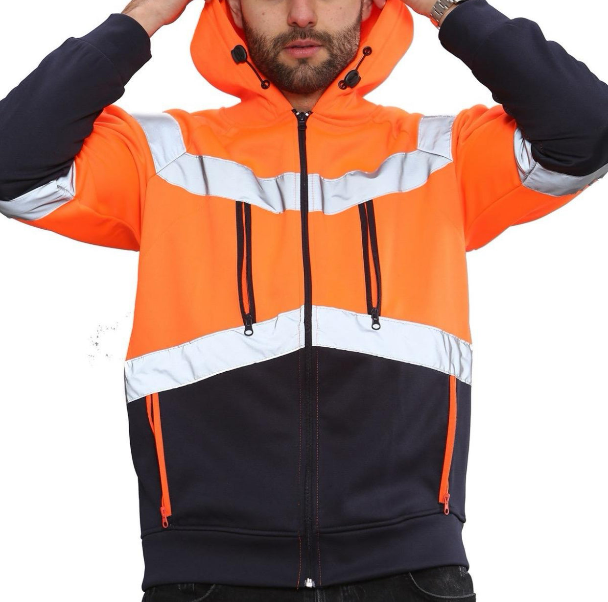 Hi Viz Vis High Visibility Hoodie Jacket Work 4 Zip Hooded SweatShirt Fleece Top Menswear