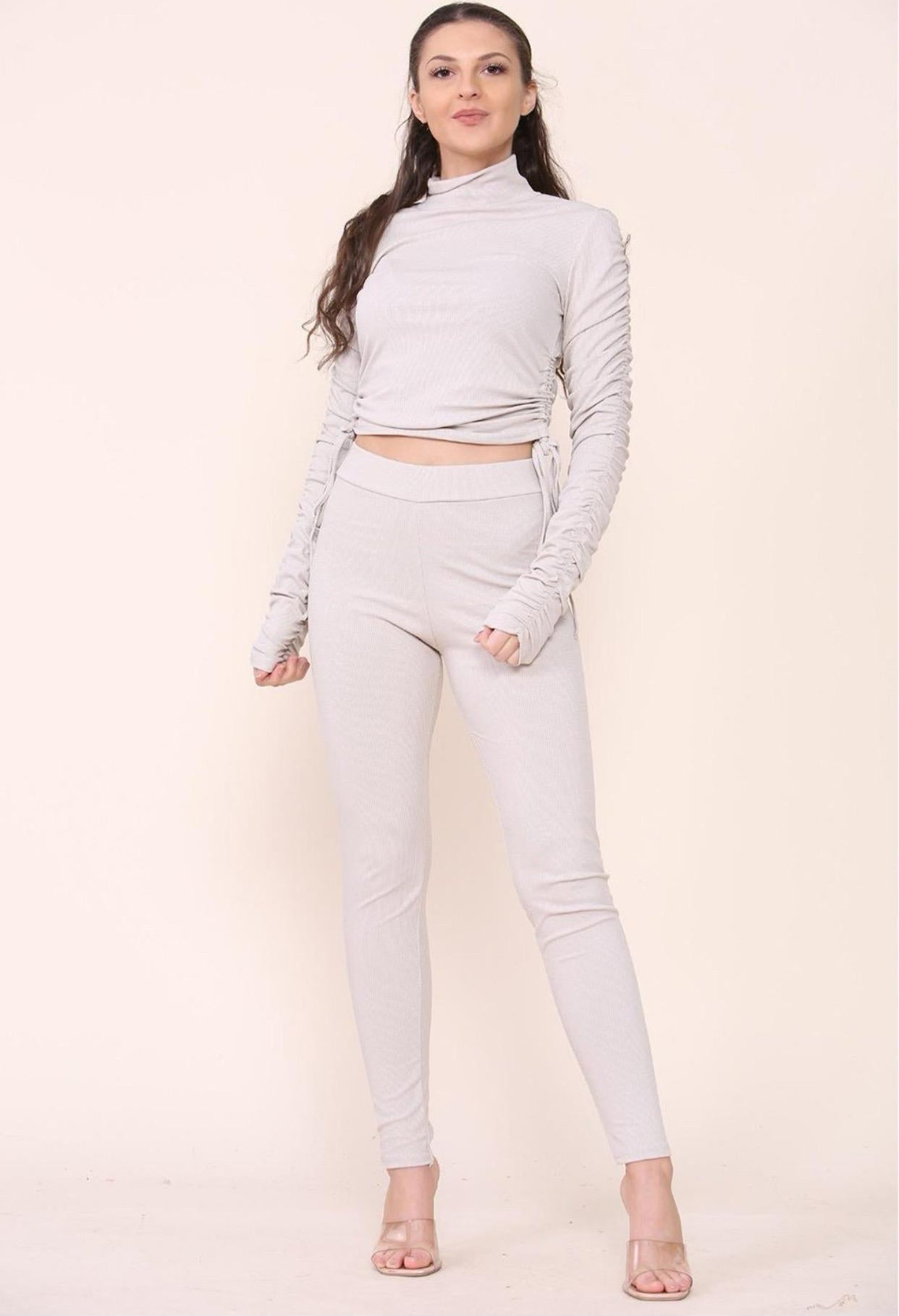 High Neck Ruched Side Arm Solid Drawstrings Ribbed Tee and Leggings set