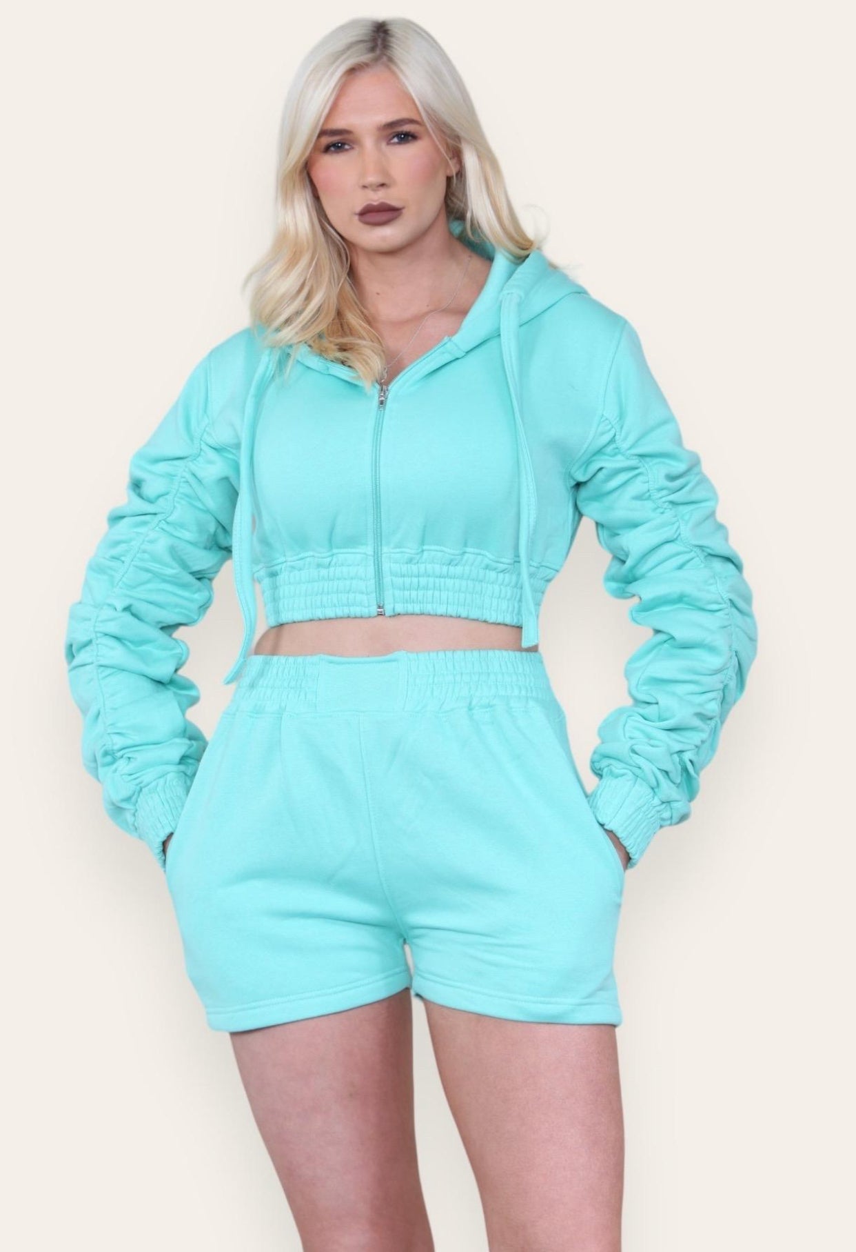 Ruched Sleeves Cropped Zip Up Front Elasticated Hem Hooded & Shorts Fleece Co-Ord Set Womenswear