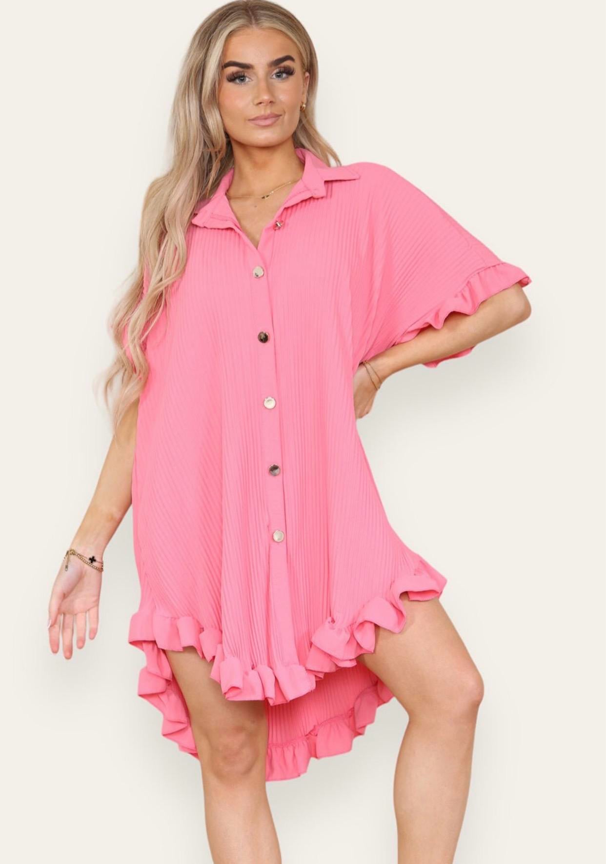 Women's Shirt Dress Pleated Short Sleeve Loose Italian Buttons Plain Detail Summer