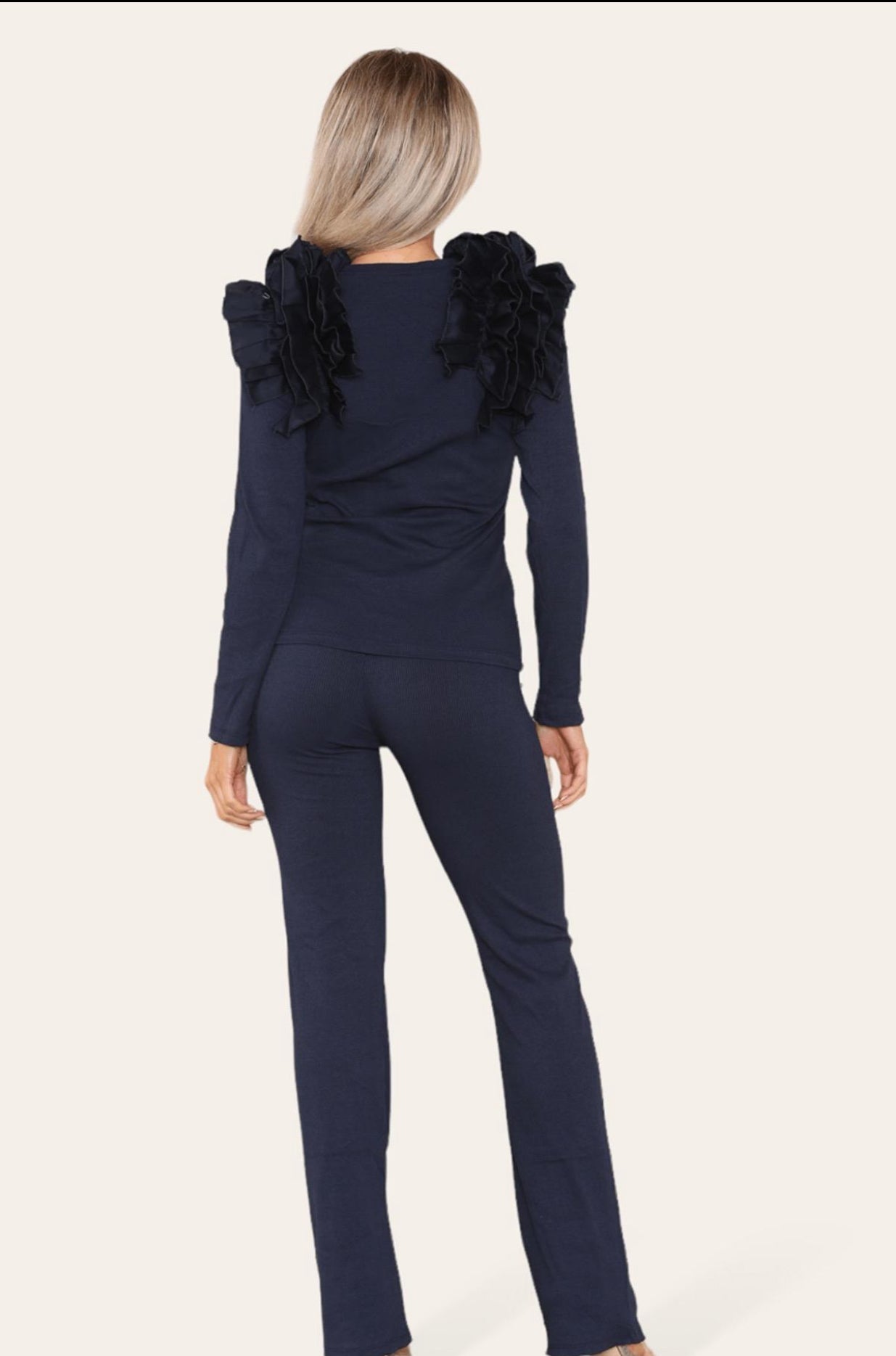 Ruffle Frill Shoulder Ribbed Loungewear Co-Ord Top & Trouser Set Womenswear