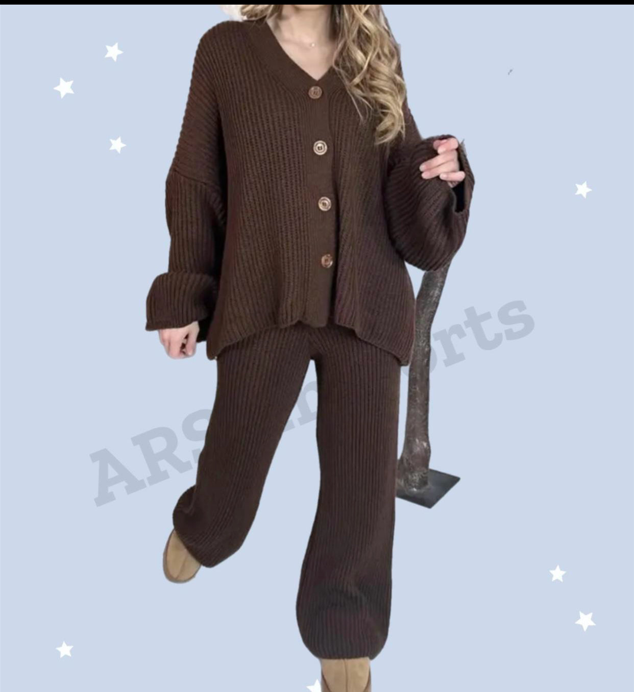 Ladies Rib Knitted Button Cardigan Palazzo Trousers Suit Womens Lounge Wear Set Womenswear
