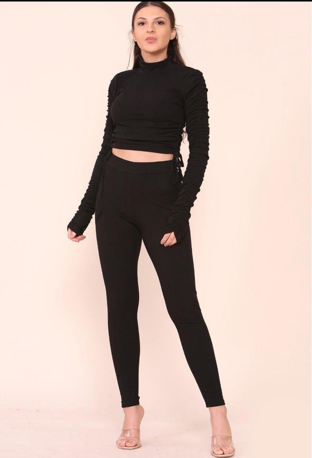 High Neck Ruched Side Arm Solid Drawstrings Ribbed Tee and Leggings set