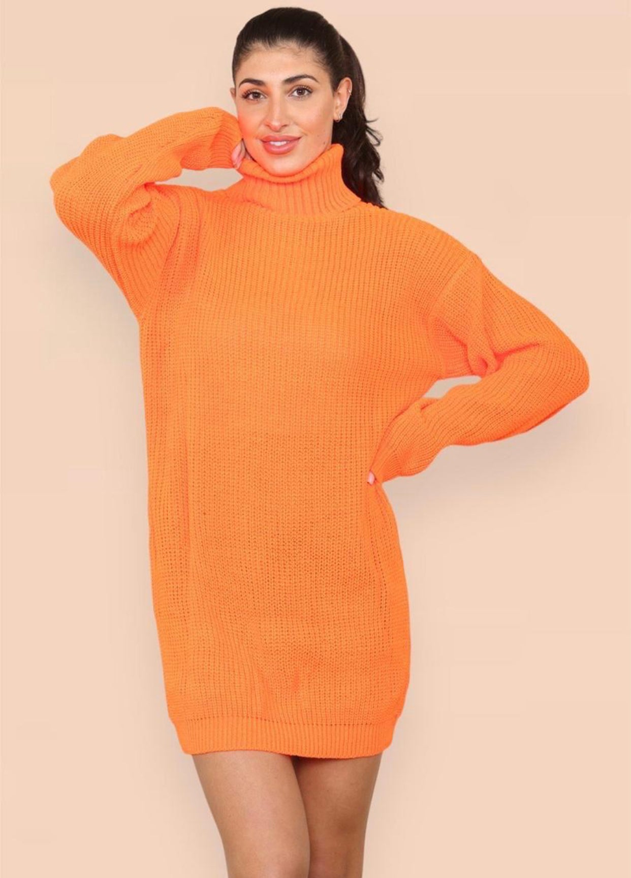 Womens Ladies Chunky Knitted High Polo Roll Over Neck Oversize Jumper Dress Womenswear