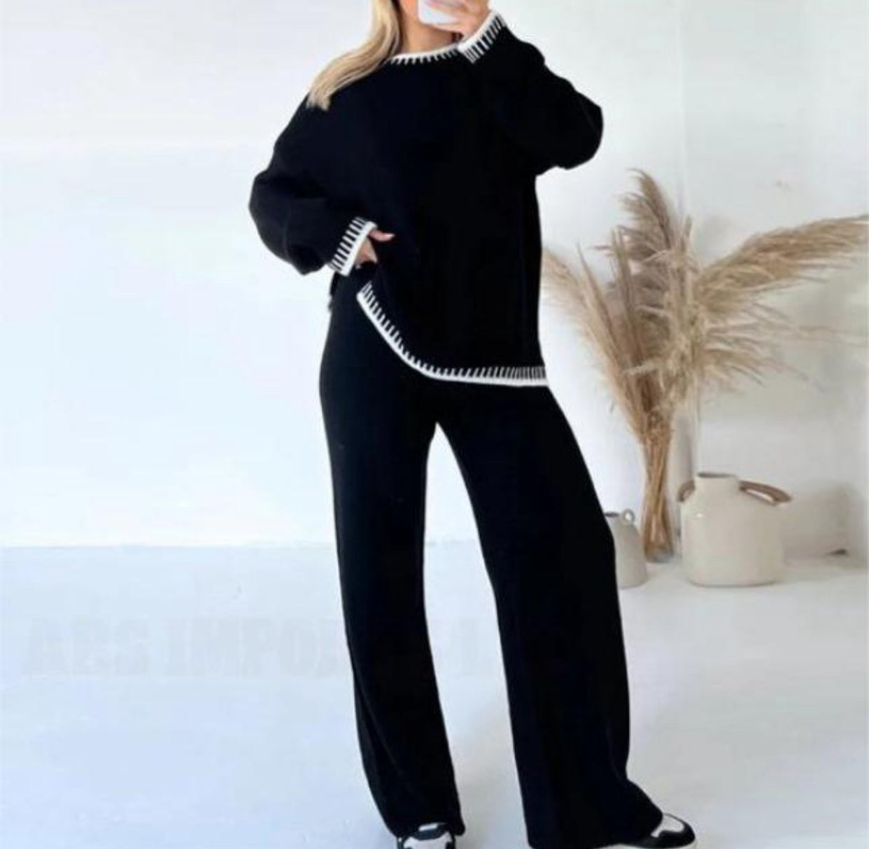 Womens Knitted Lounge Wear Ladies Wide Leg Palazzo Top Trousers Tracksuit Set Womenswear Comfortable Essential Long Sleeve Crew Neck