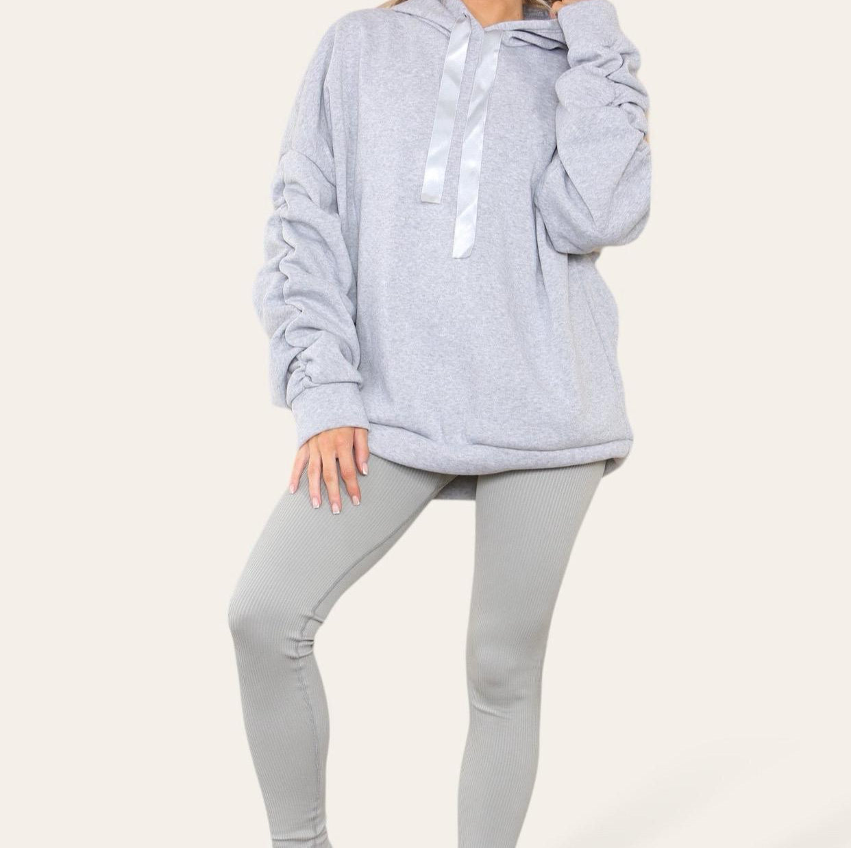 Oversized Ruched Sleeves Hoodie With Satin Ribbon with High Waist High Rise Seamless Ribbed Legging Set