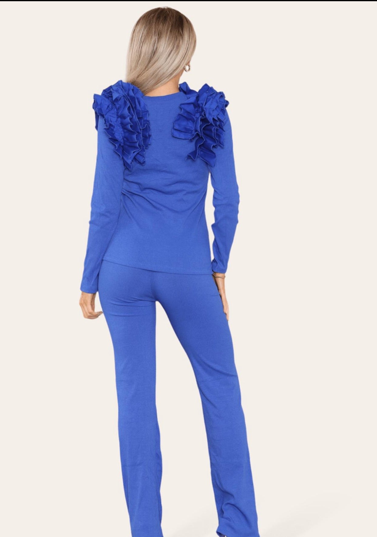 Ruffle Frill Shoulder Ribbed Loungewear Co-Ord Top & Trouser Set Womenswear