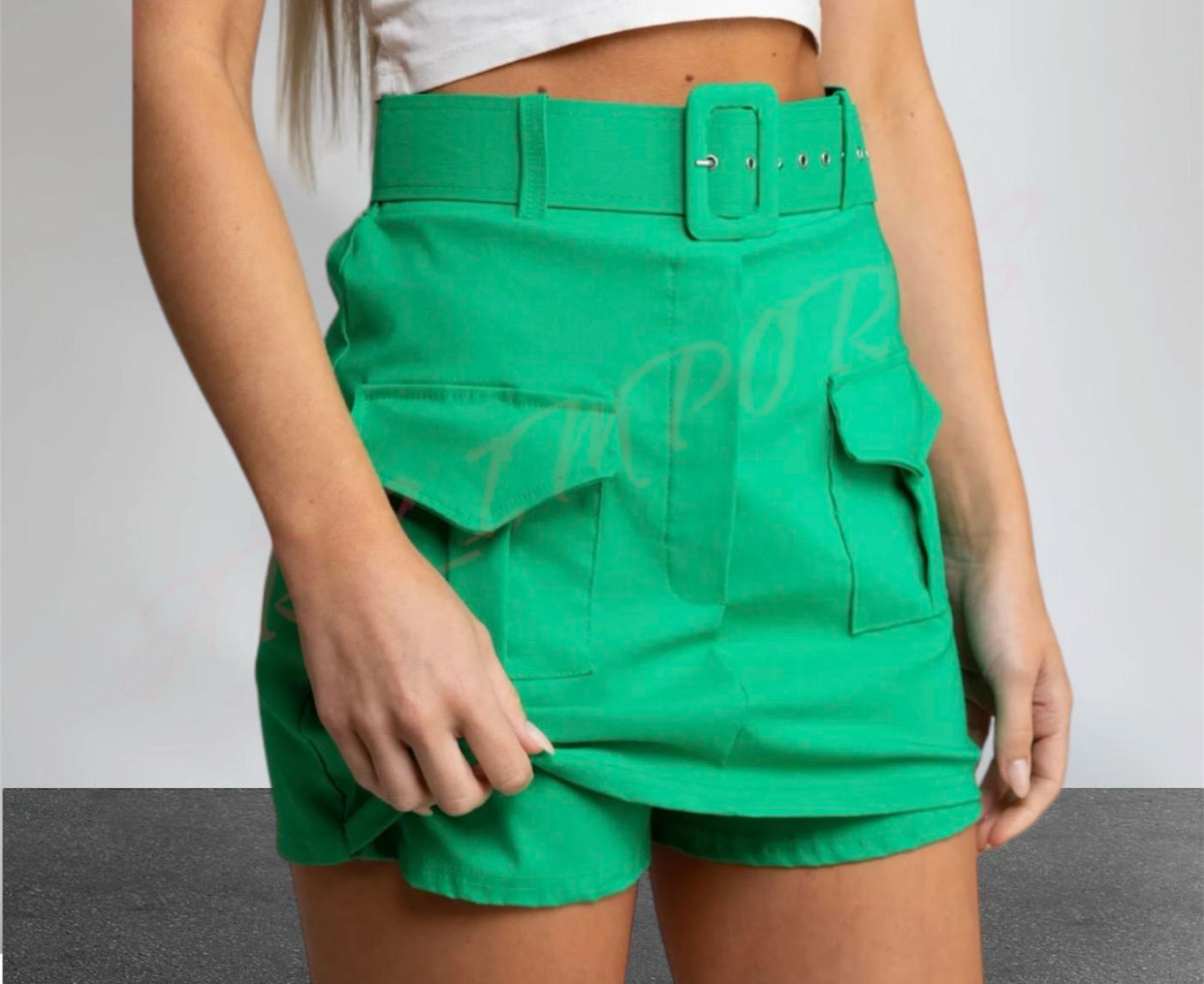 Ladies Cargo High Waisted Summer Belted Two Pockets Mini Shorts Skirts Womenswear