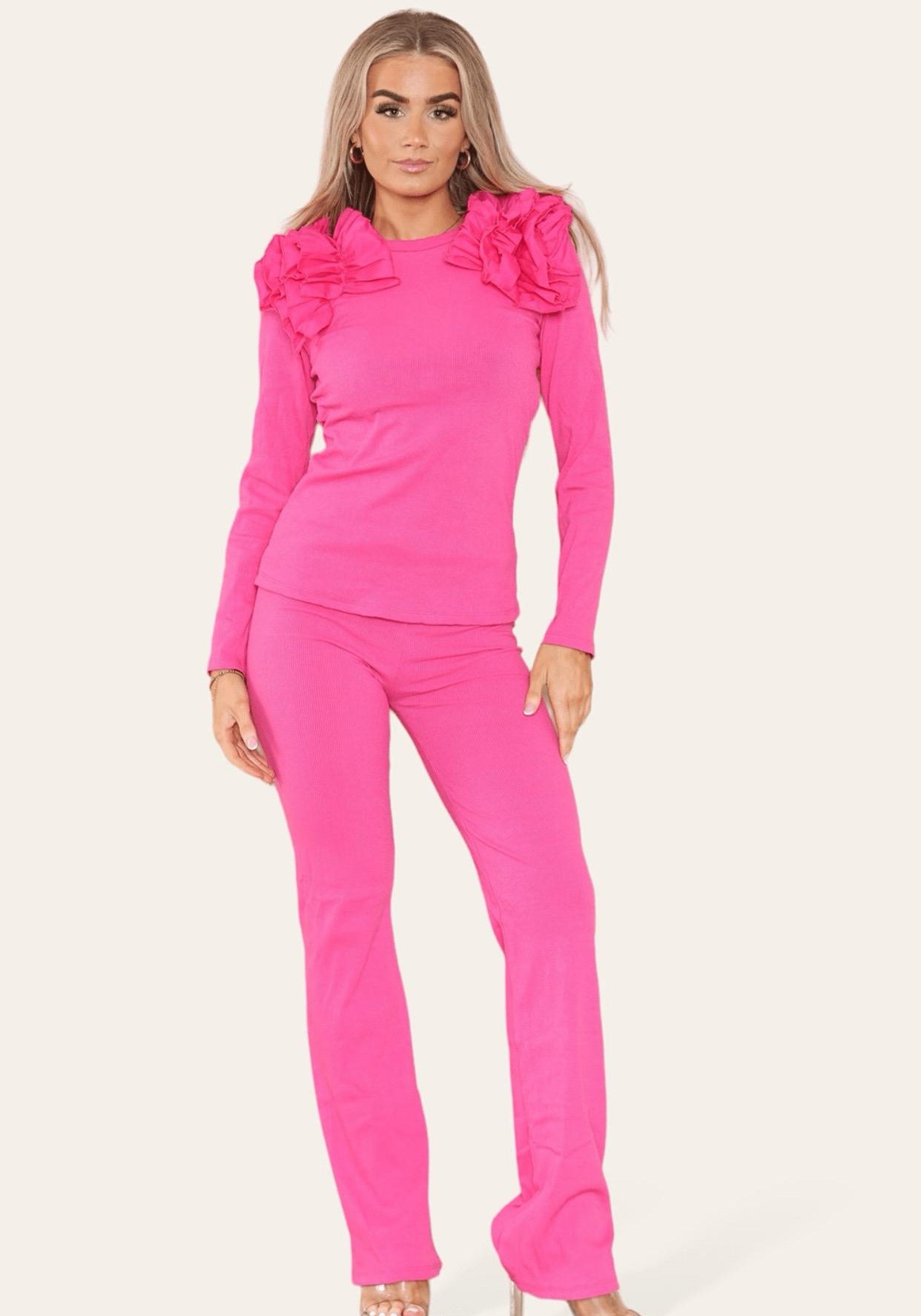 Ruffle Frill Shoulder Ribbed Loungewear Co-Ord Top & Trouser Set Womenswear