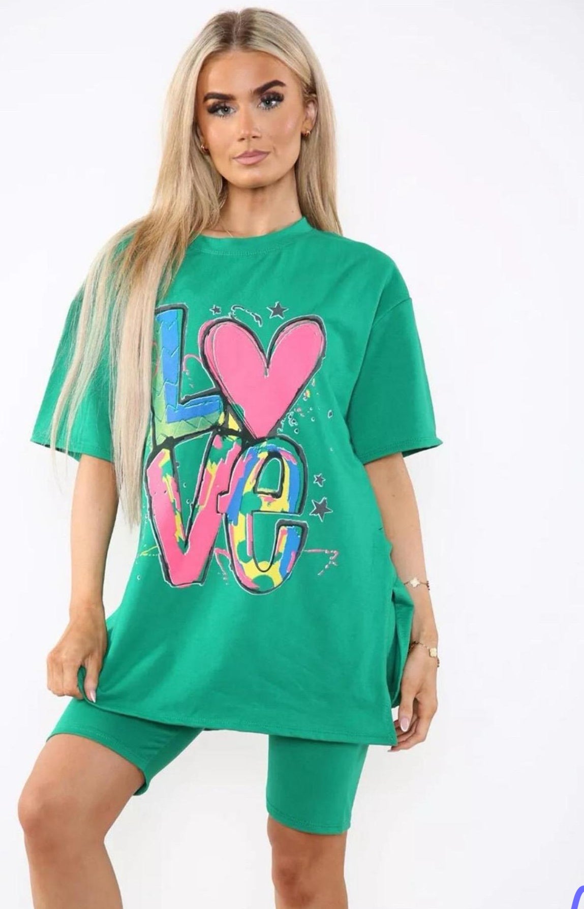 Love Side Slit Cycling Short and T-Shirts Co-Ord Two Piece Set with Front Love Slogan