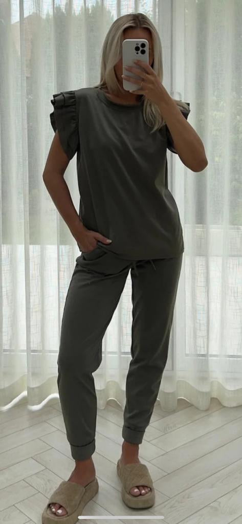 Womens Tracksuit Frill  Peplum Sleeve Boxy Top Bottom Ladies Lounge Wear Set Womenswear