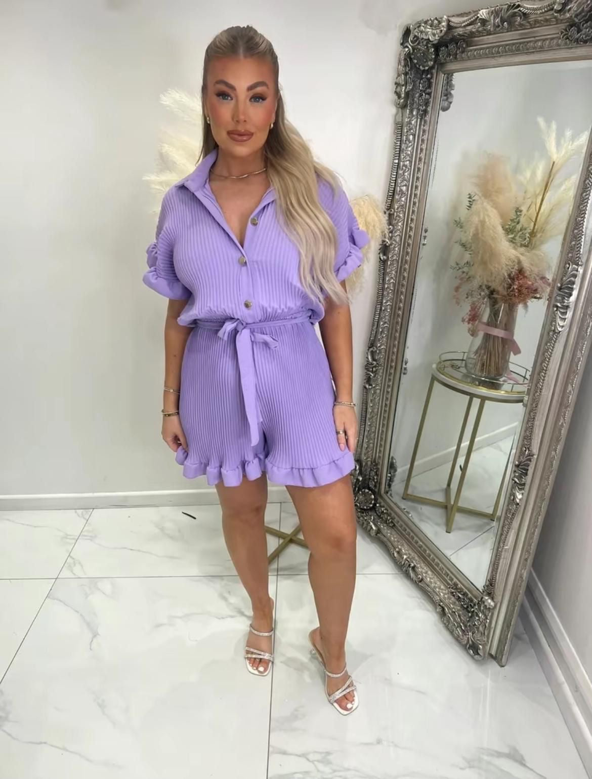 Women's Pleated Gold Button Tie Belted Collared Playsuit