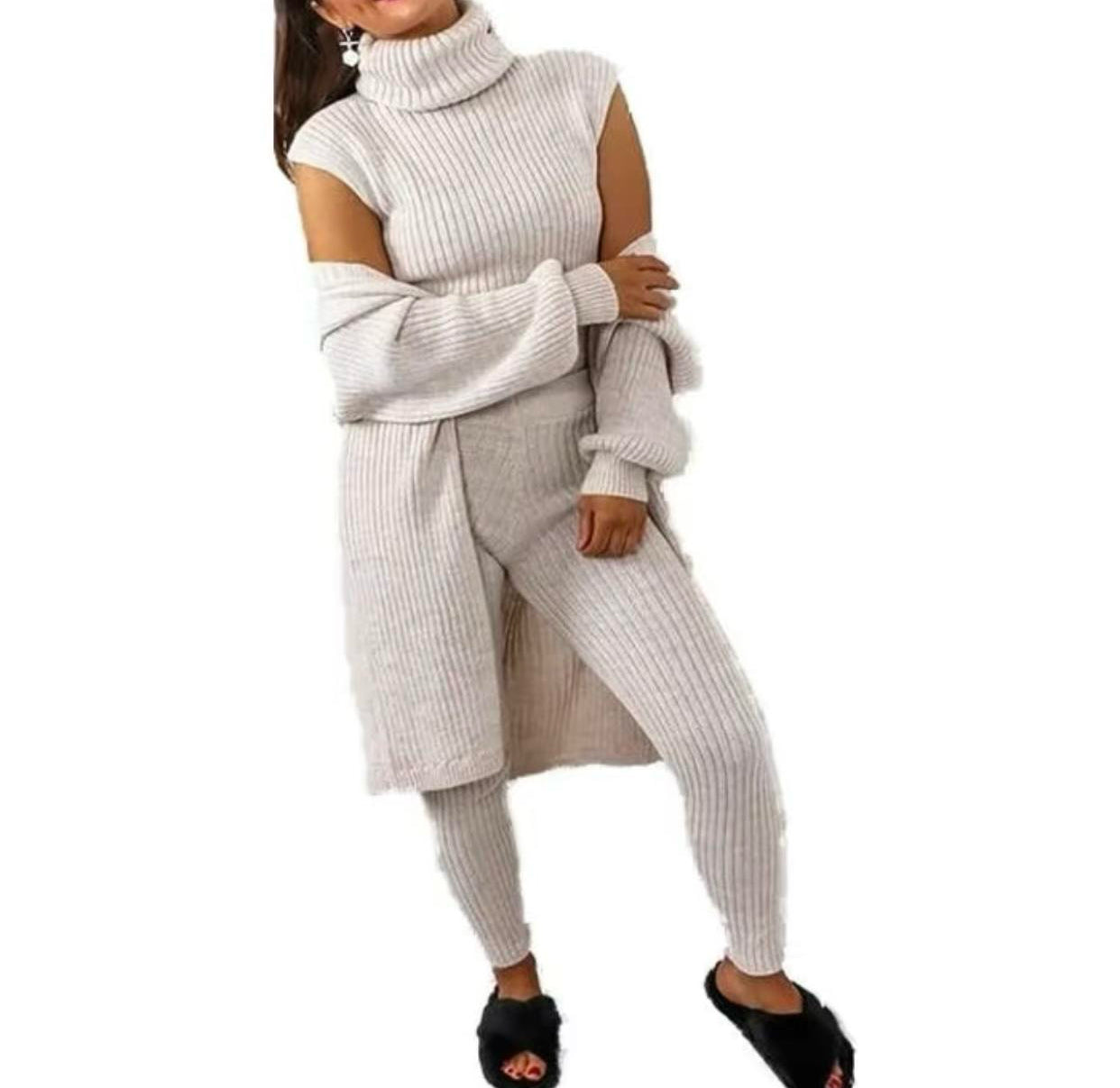 Women's Ladies Long Sleeve Knit 3 Piece Roll Neck Knitted Top Open Cardigan Set Suit Womenswear