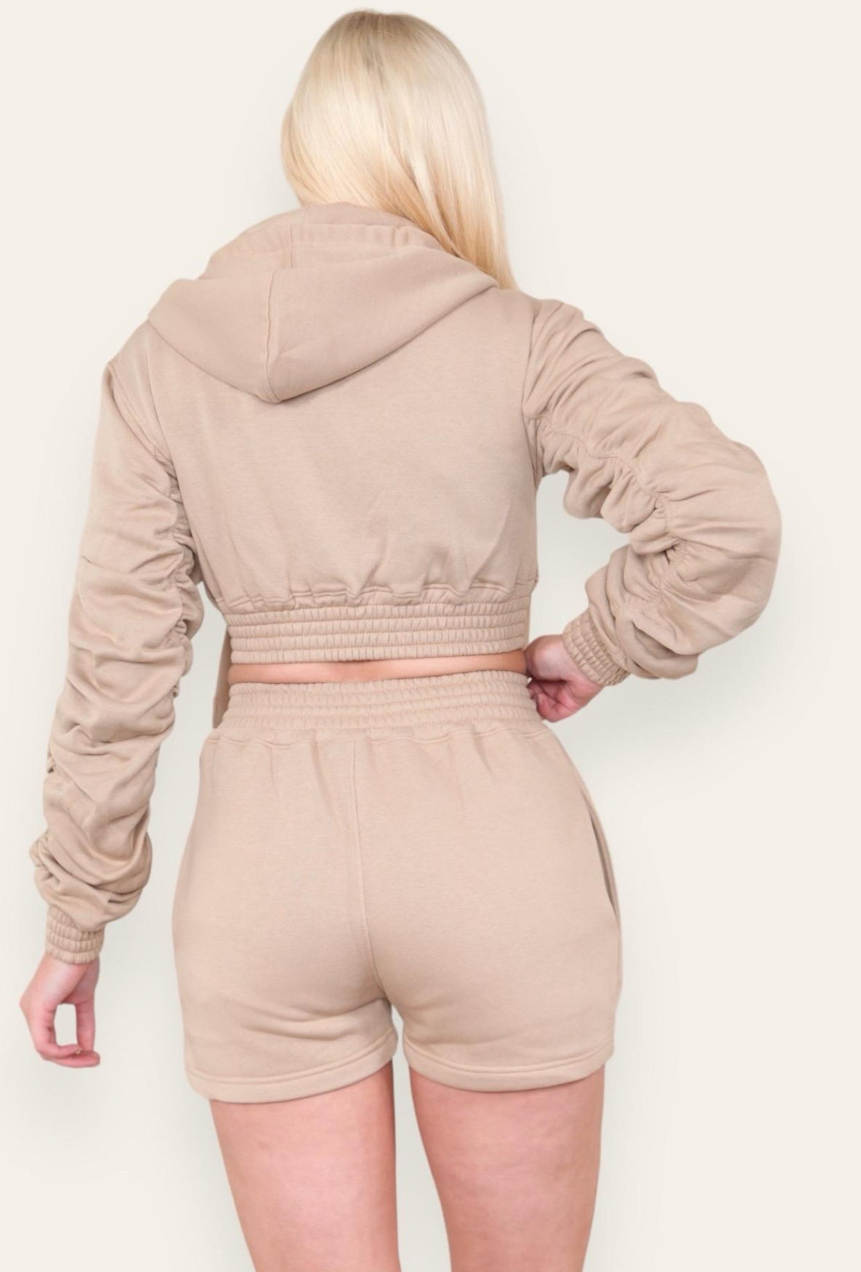 Ruched Sleeves Cropped Zip Up Front Elasticated Hem Hooded & Shorts Fleece Co-Ord Set Womenswear
