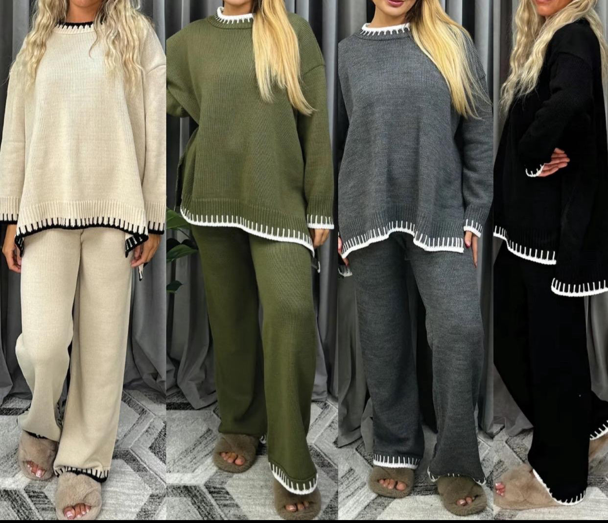 Womens Knitted Lounge Wear Ladies Wide Leg Palazzo Top Trousers Tracksuit Set Womenswear Comfortable Essential Long Sleeve Crew Neck