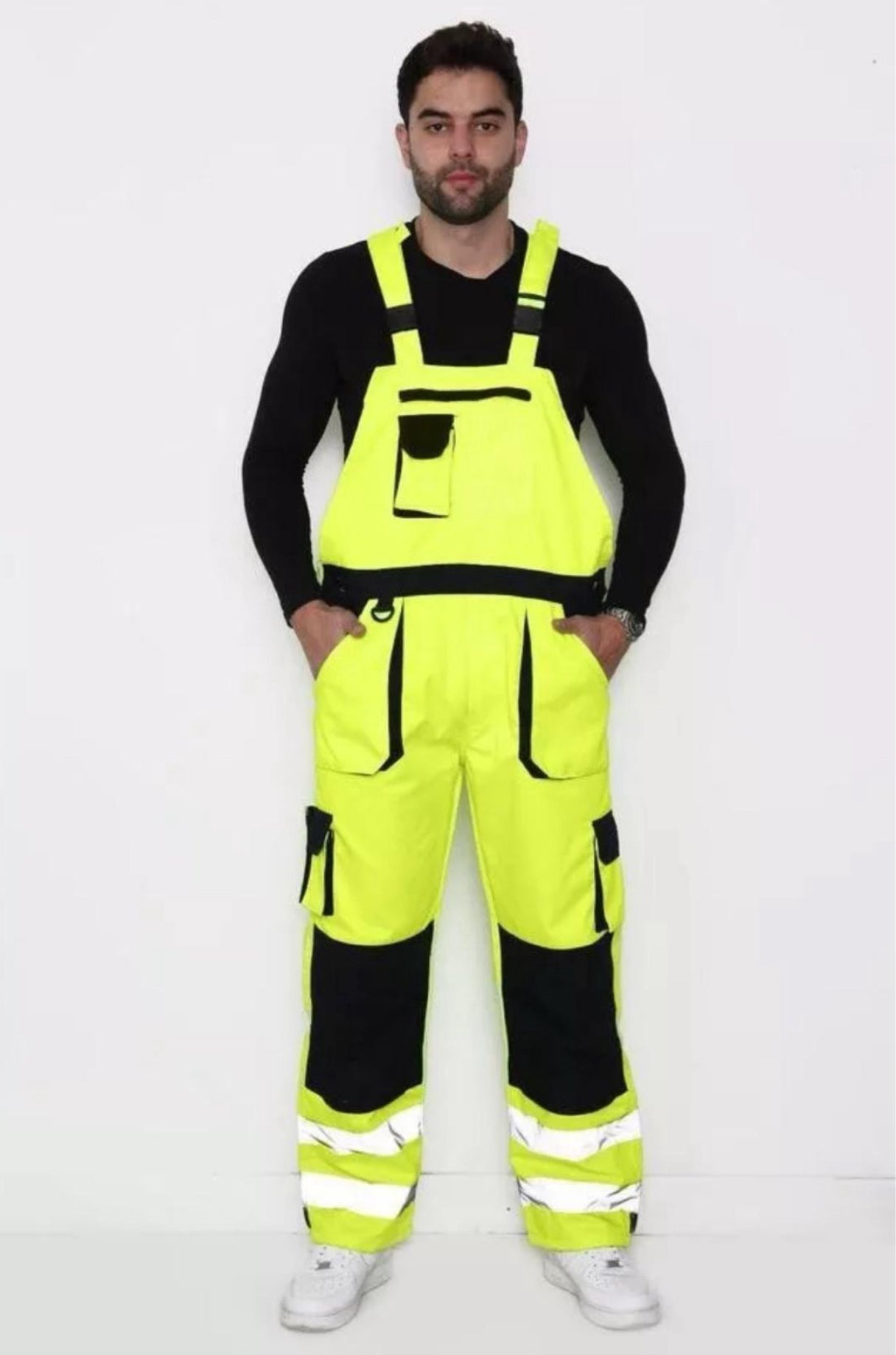 Men's Hi Vis Contrast Bib & Brace Dungaree Work Wear Breathable Overall Dungaree Uniforms