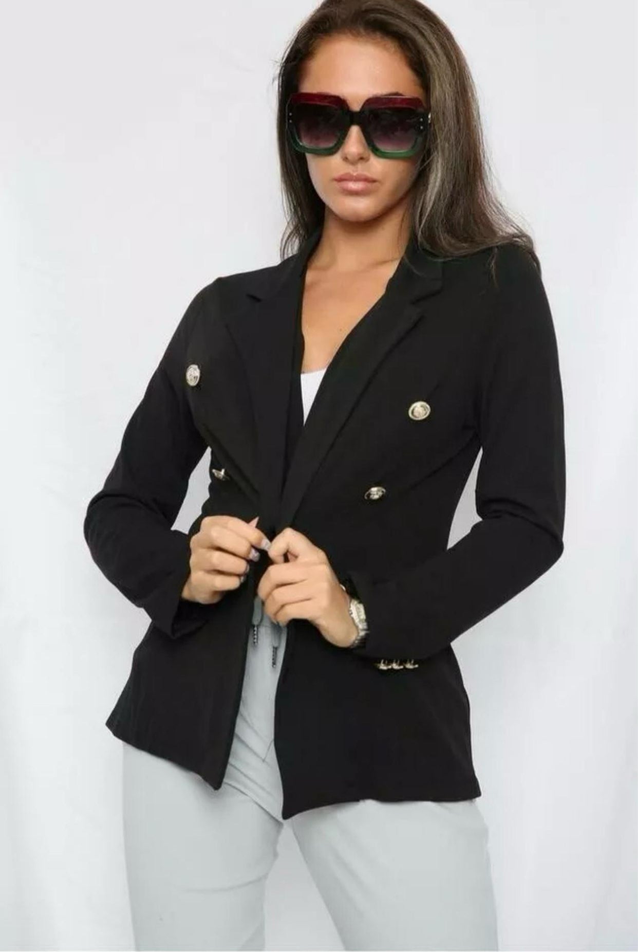 New Ladies Gold button stretch military style double breasted blazer jacket Womenswear