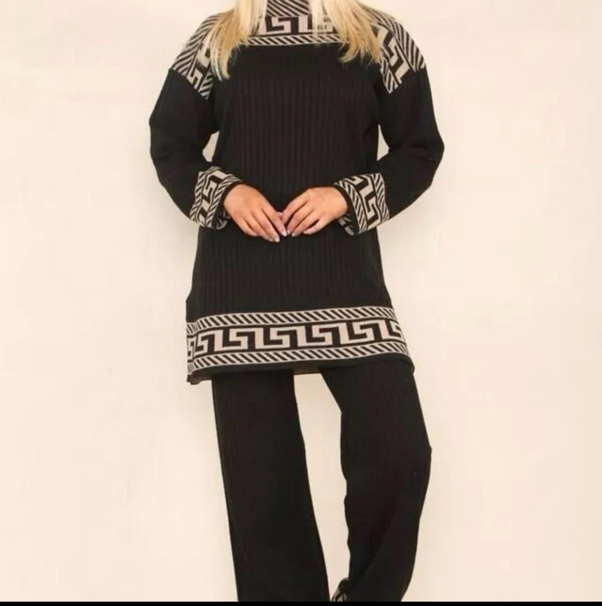 Women High Neck Ribbed knitted Geometric print 2pcs suit casual loungewear dress