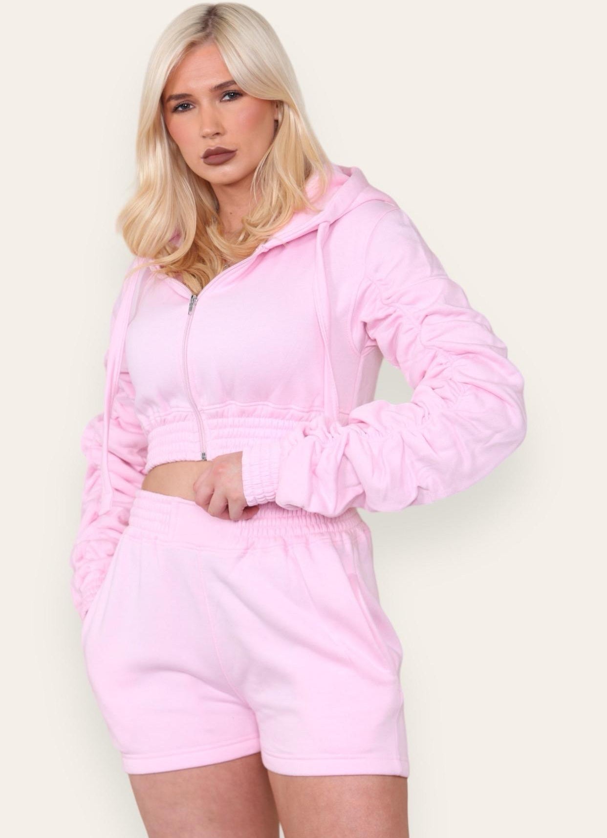 Ruched Sleeves Cropped Zip Up Front Elasticated Hem Hooded & Shorts Fleece Co-Ord Set Womenswear