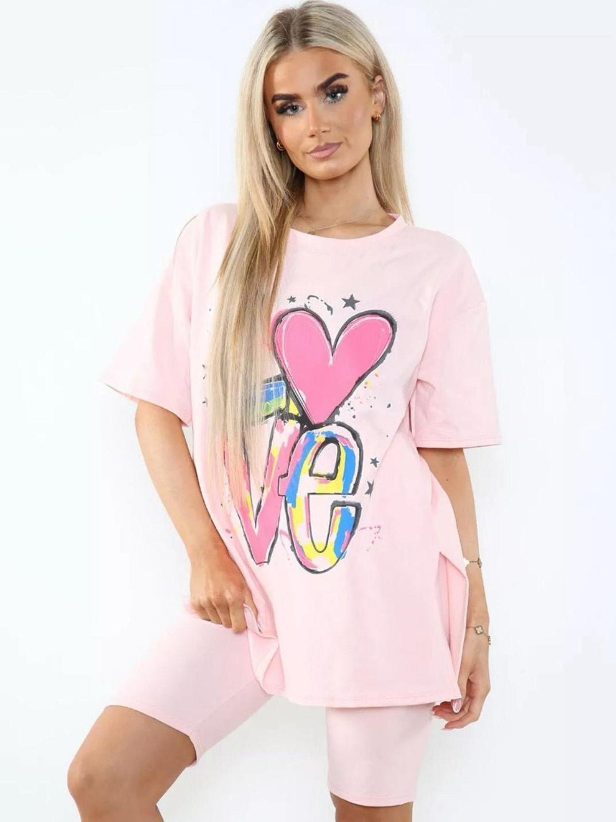 Love Side Slit Cycling Short and T-Shirts Co-Ord Two Piece Set with Front Love Slogan