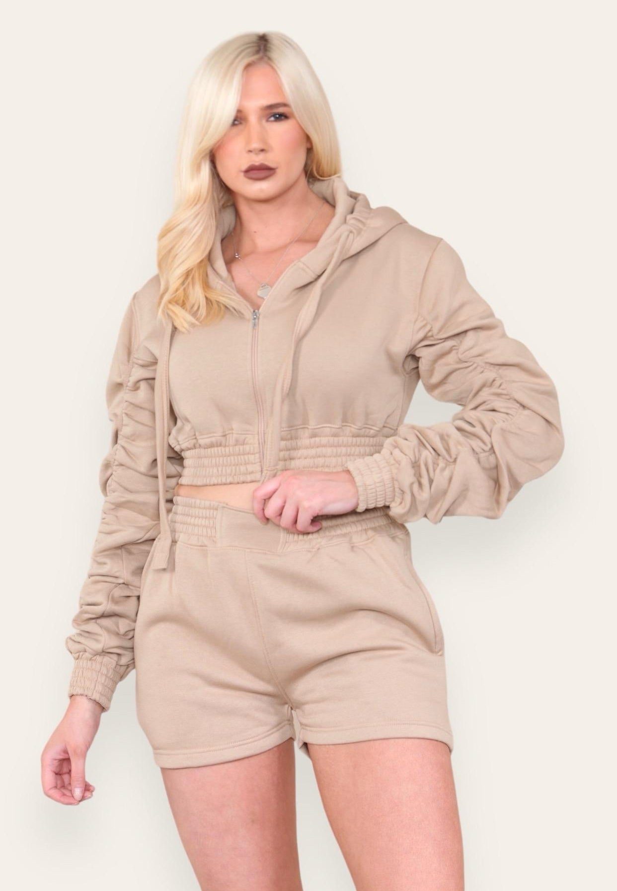 Ruched Sleeves Cropped Zip Up Front Elasticated Hem Hooded & Shorts Fleece Co-Ord Set Womenswear