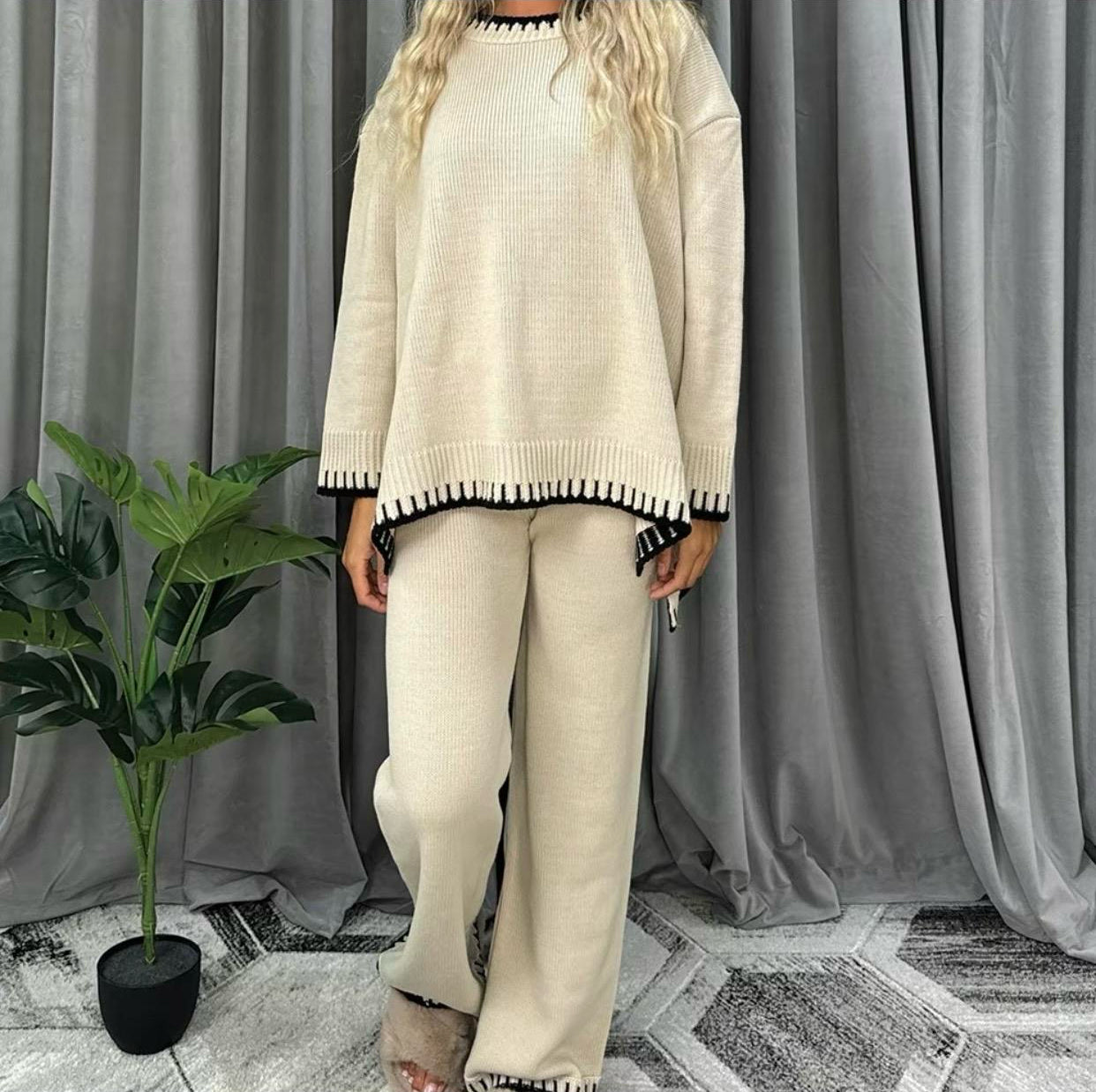 Womens Knitted Lounge Wear Ladies Wide Leg Palazzo Top Trousers Tracksuit Set Womenswear Comfortable Essential Long Sleeve Crew Neck